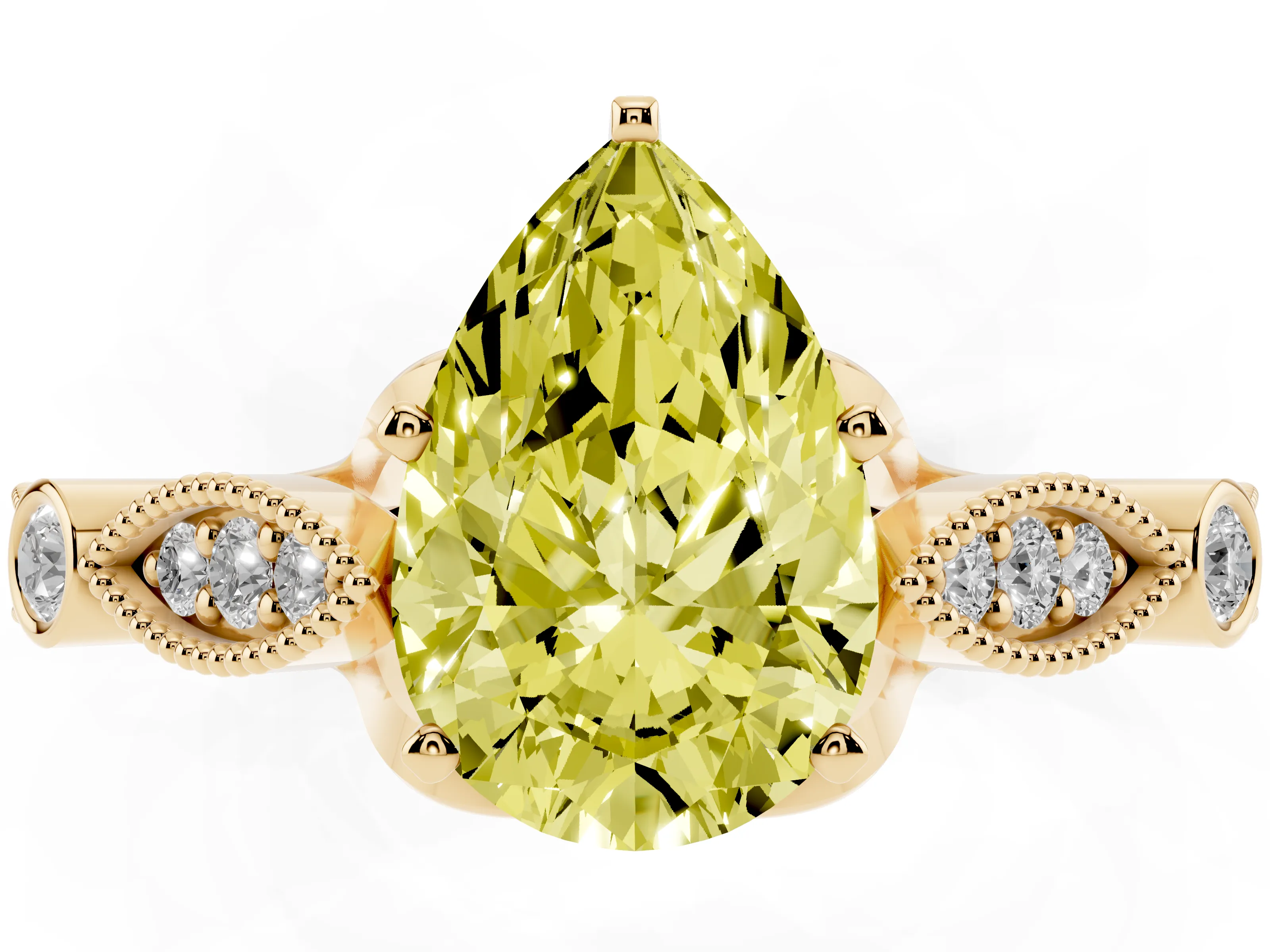 Fancy Yellow Pear Cut Diamond Solitaire Ring Set in Yellow gold with Milgrain Marquise and Bezel Accents