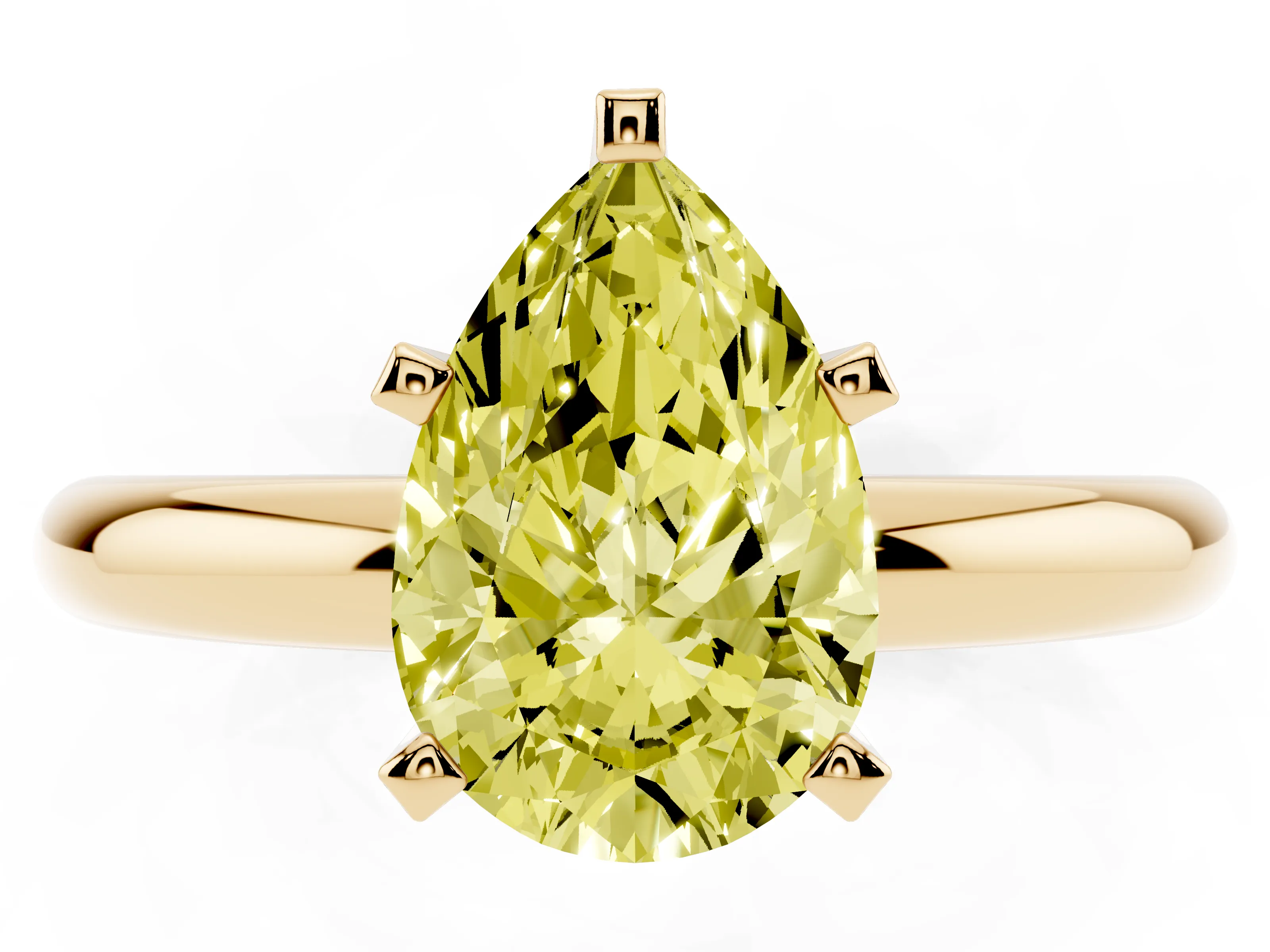 Fancy Yellow Pear Cut Diamond Solitaire Engagement Ring Set in Yellow gold with Round Band and Prong Setting