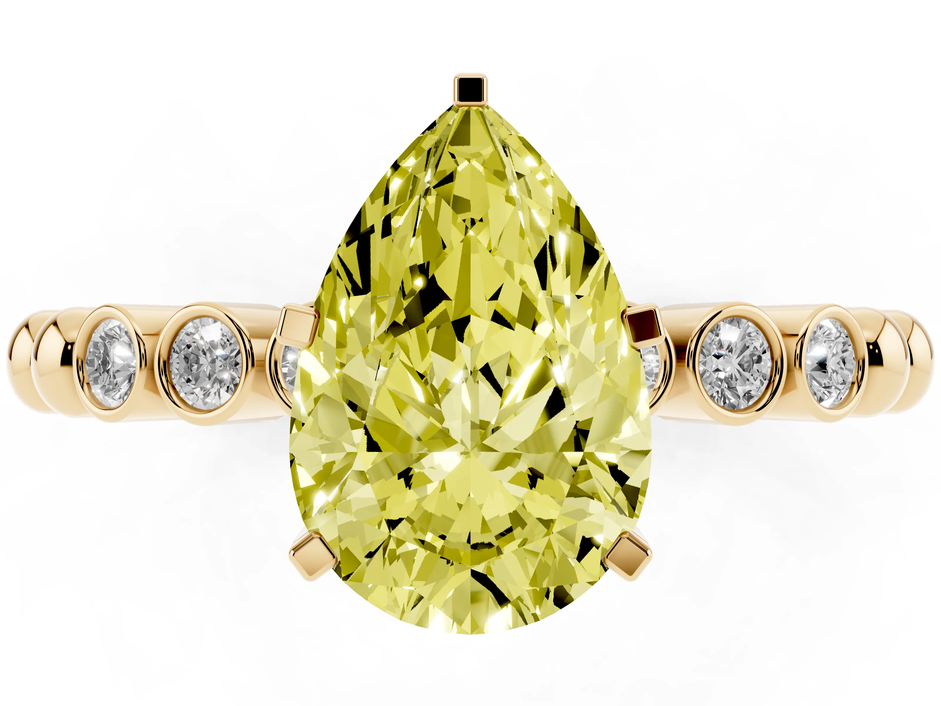 Fancy Yellow Pear Cut Diamond Solitaire Engagement Ring Set in Yellow gold with Bezel Accents on Beaded Band