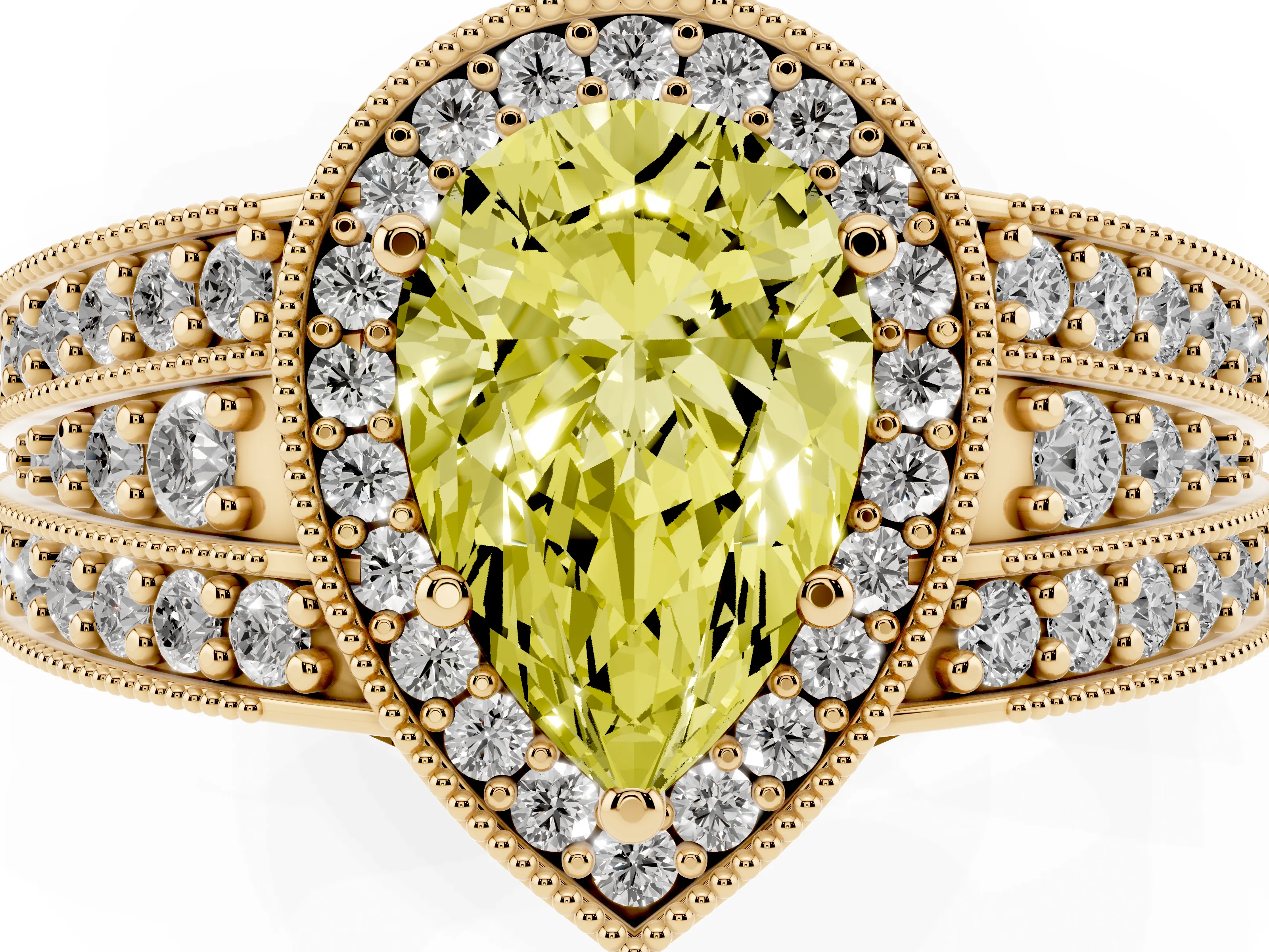 Fancy Yellow Pear Cut Diamond Halo Ring Set in Yellow gold with Accent Split Shank and Prong Setting
