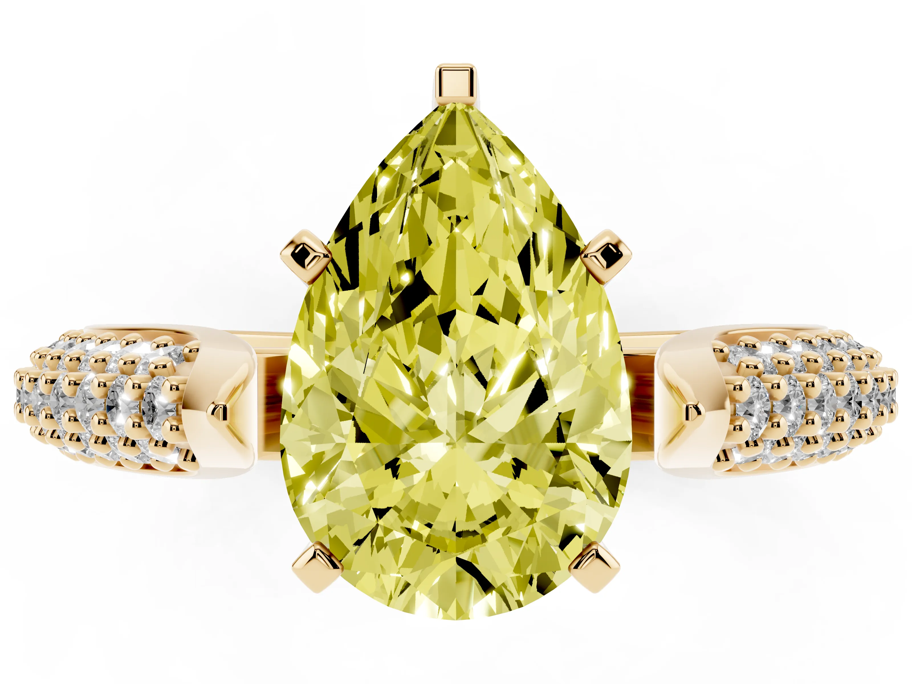 Fancy Yellow Pear Cut Diamond Solitaire Engagement Ring Set in Yellow gold with Multi-Row Round Pavé Band and Prong Setting