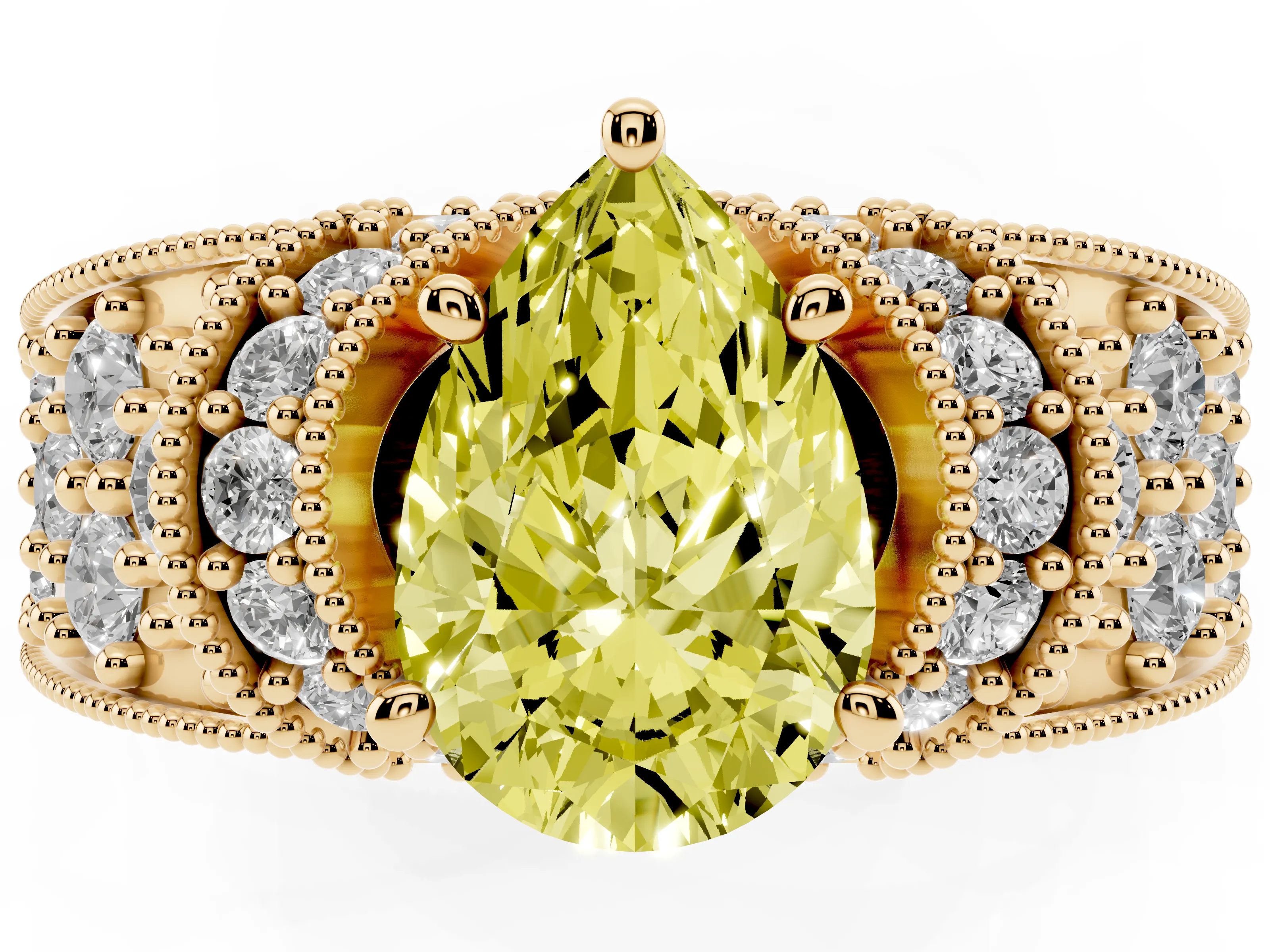 Fancy Yellow Pear Cut Diamond Milgrain Halo Pavé Engagement Ring Set in Yellow gold with Prong Setting
