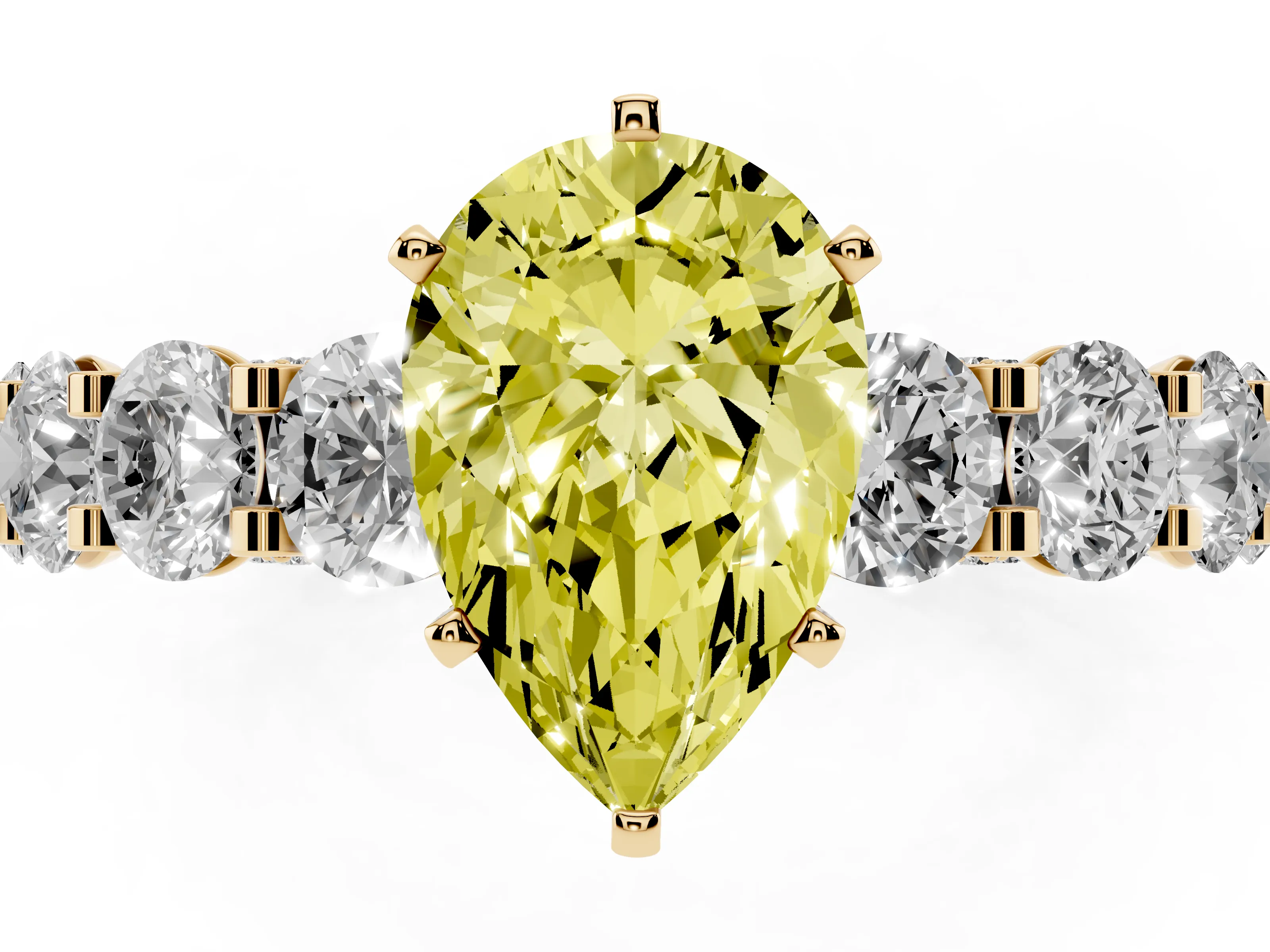 Fancy Yellow Pear Cut Diamond Side Stone Ring Set in Yellow gold with Alternating Round and Oval Side Stones