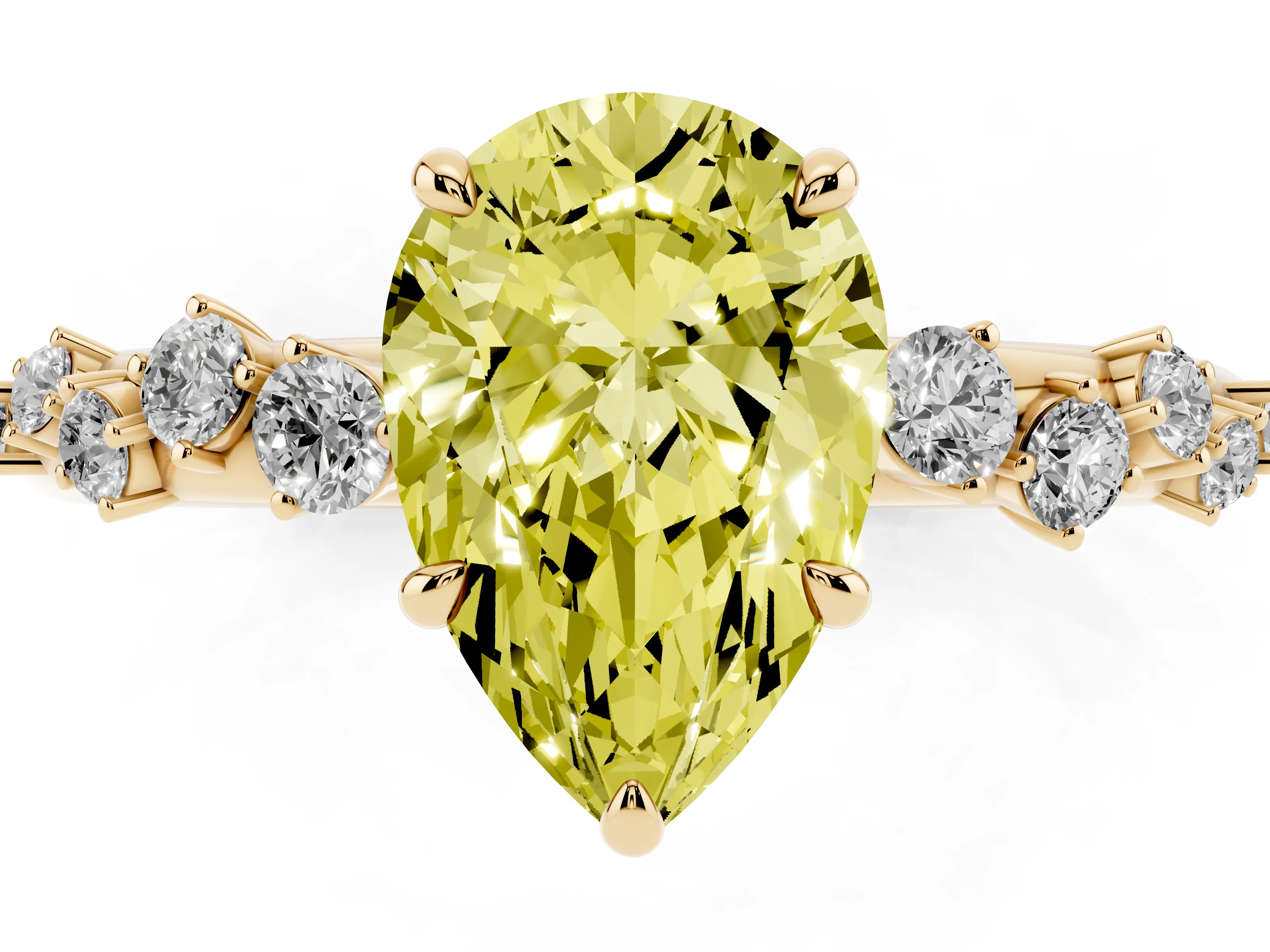 Fancy Yellow Pear Cut Diamond Cluster Solitaire Ring Set in Yellow gold with Prong Setting