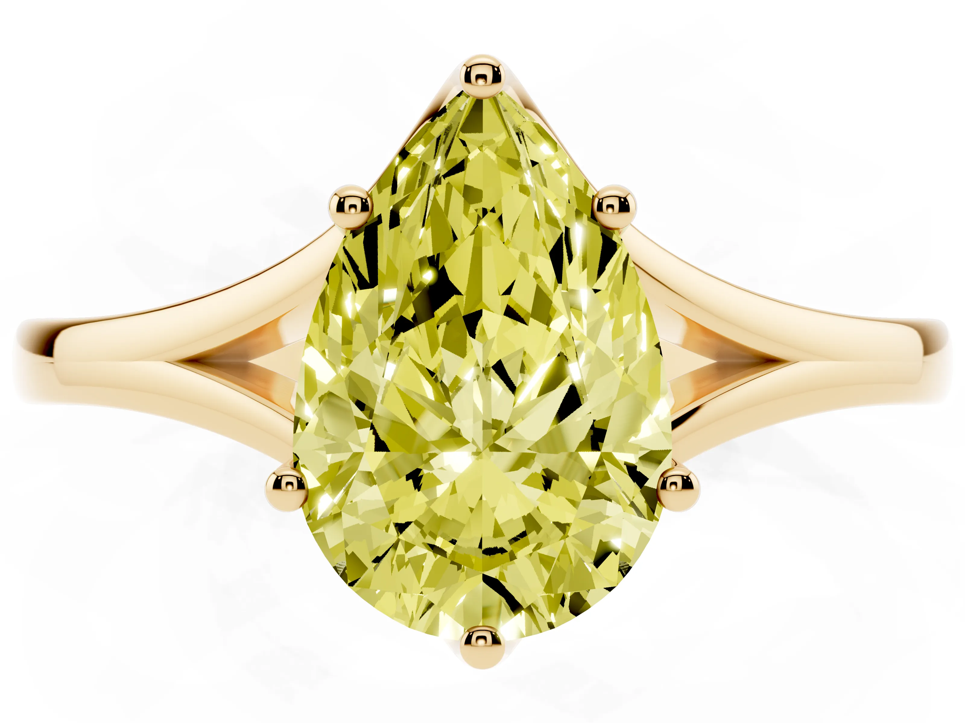 Fancy Yellow Pear Cut Diamond Solitaire Ring Set in Yellow gold with Polished Tapered Band and Prong Setting