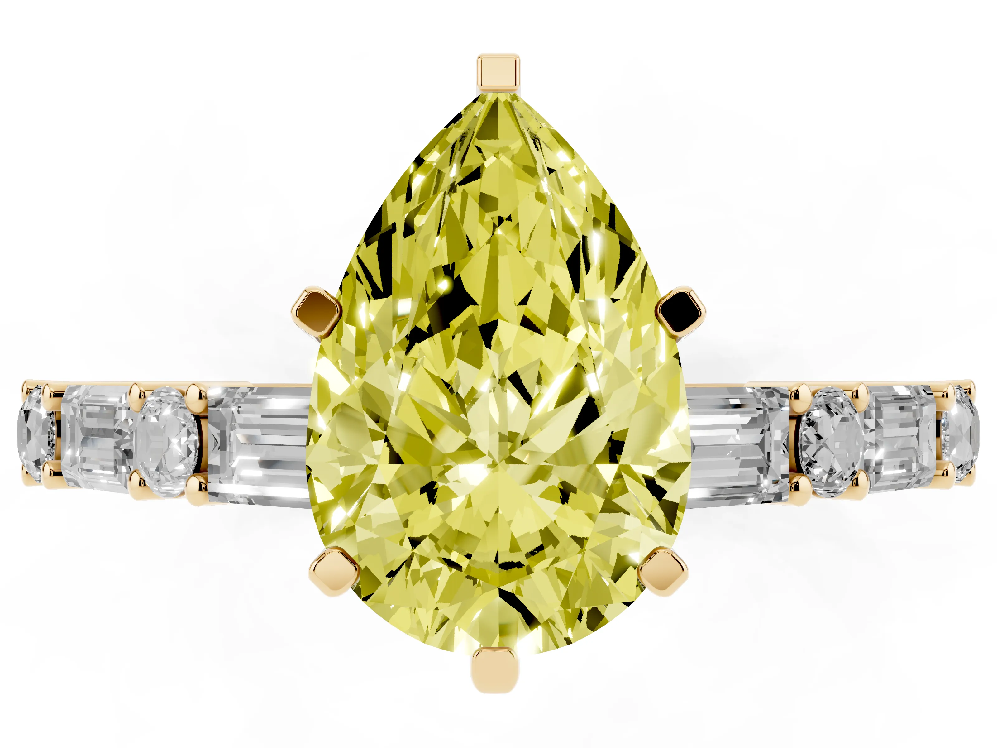 Fancy Yellow Pear Cut Diamond Solitaire Set in Yellow gold with Side Baguettes and Channel Set Band