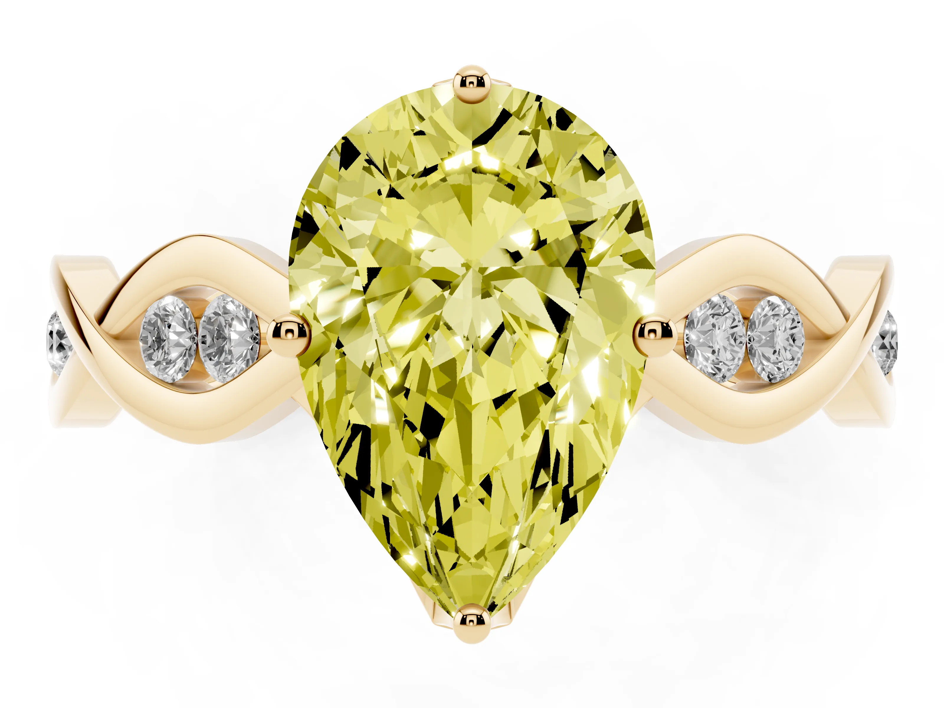 Fancy Yellow Pear Cut Diamond Twist Band Solitaire Ring Set in Yellow gold with Leaf Prong Setting and Accent Stones