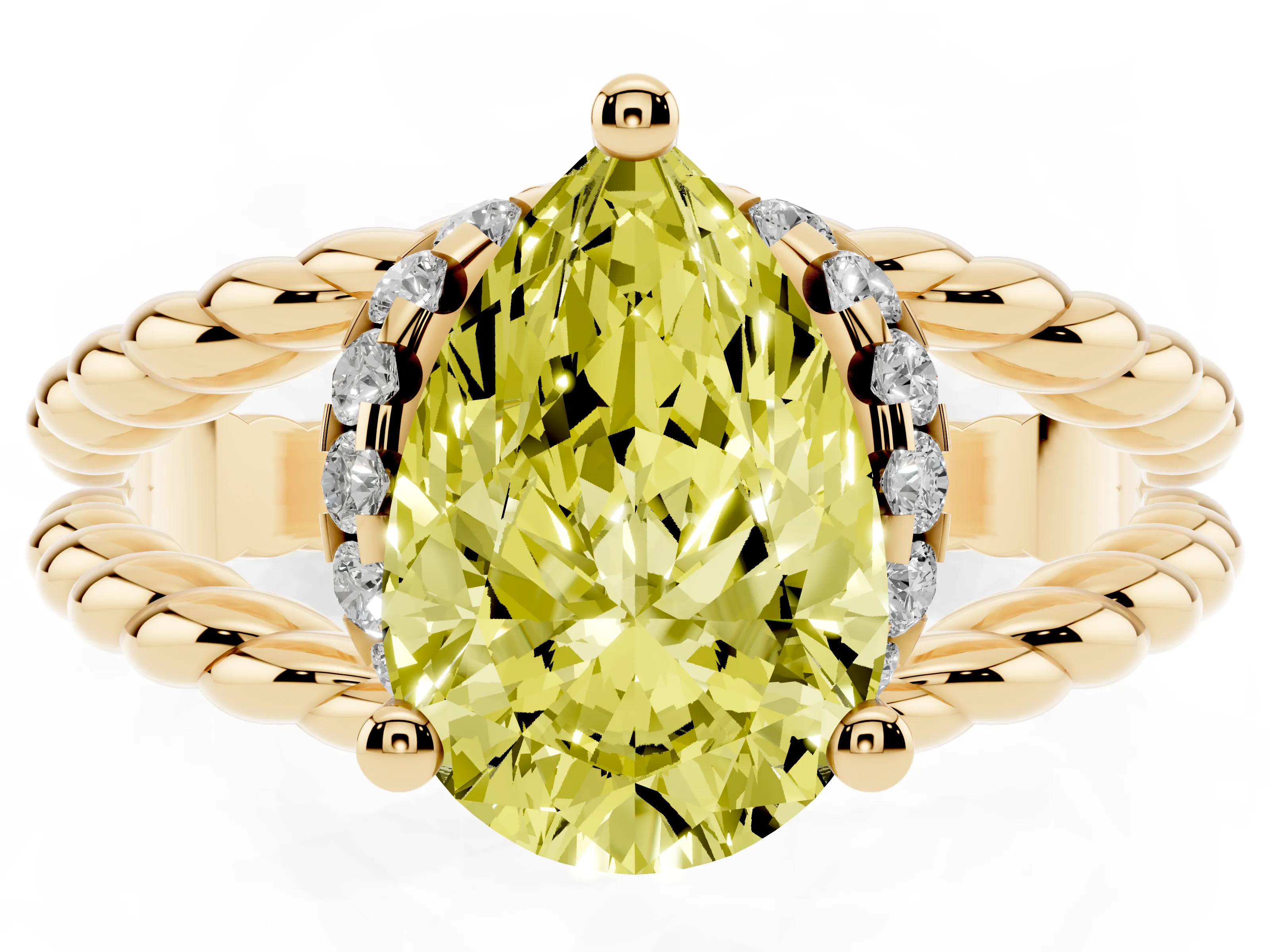 Fancy Yellow Pear Cut Diamond Halo Ring Set in Yellow gold with Twisted Band and Prong Setting