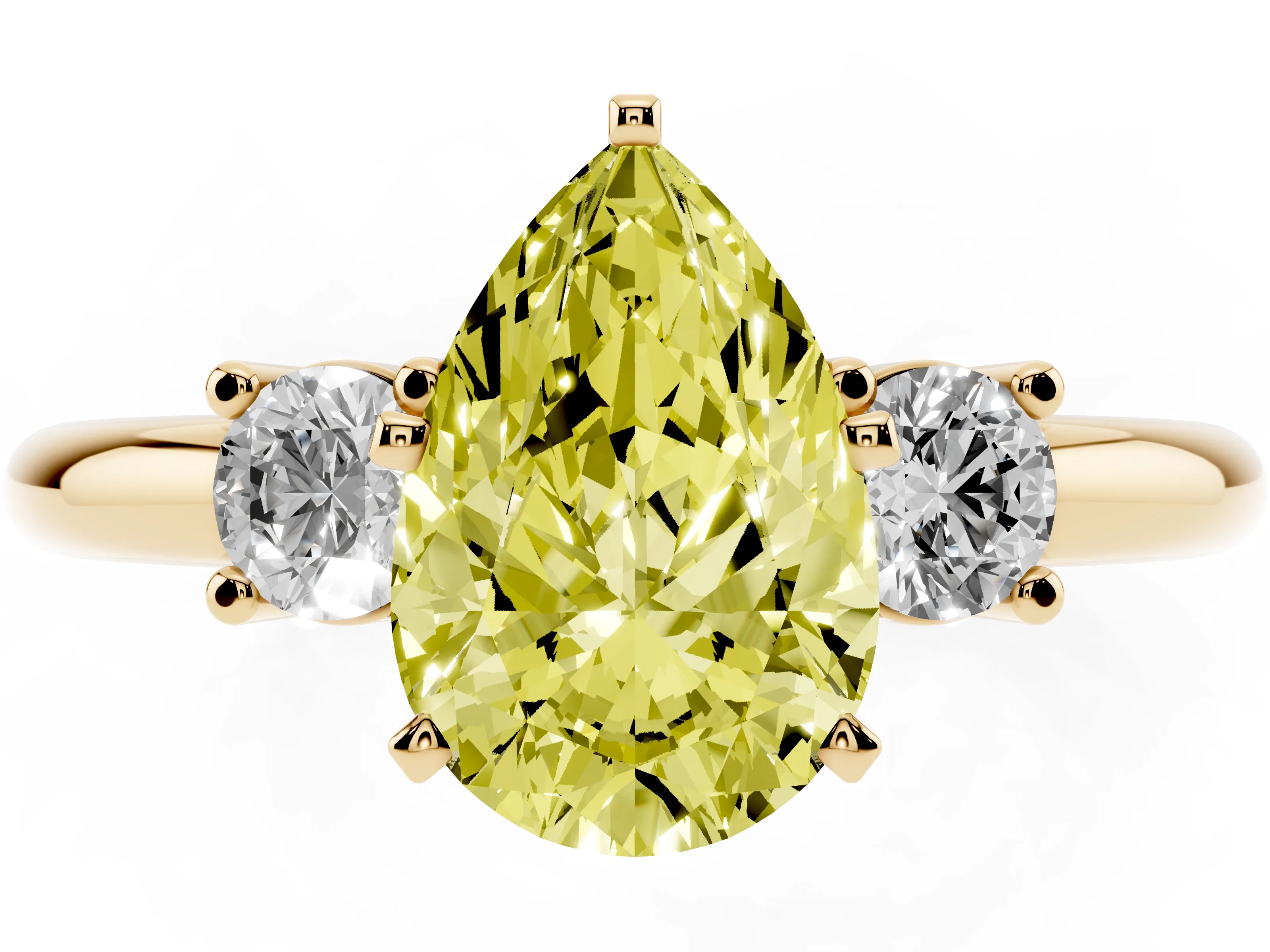 Fancy Yellow Three-Stone Pear Cut Diamond Ring Set in Yellow gold with Prong Setting and Plain Band