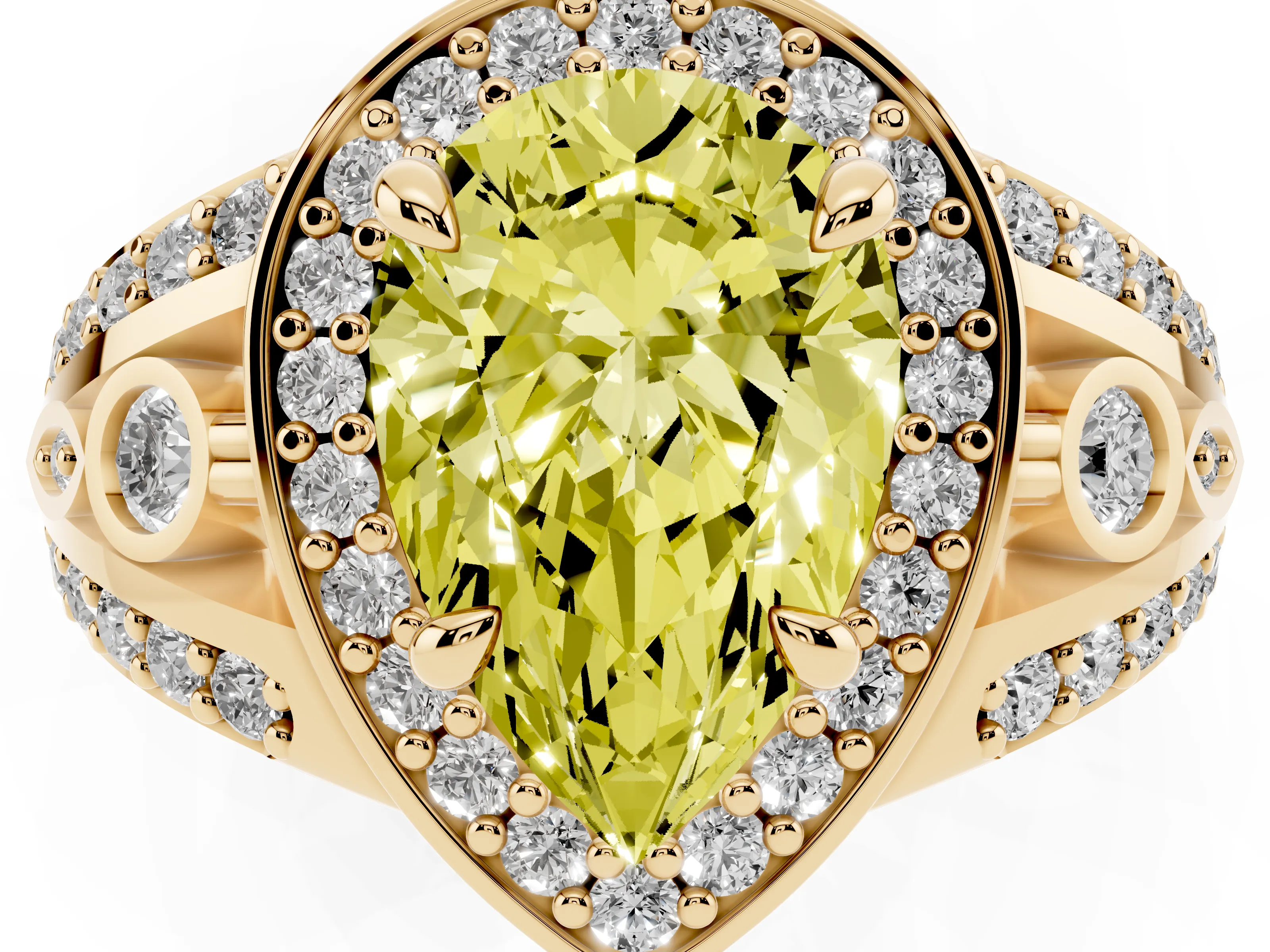 Fancy Yellow Pear Cut Diamond Halo Ring Set in Yellow gold with Pavé Split Shank and Bezel Accents