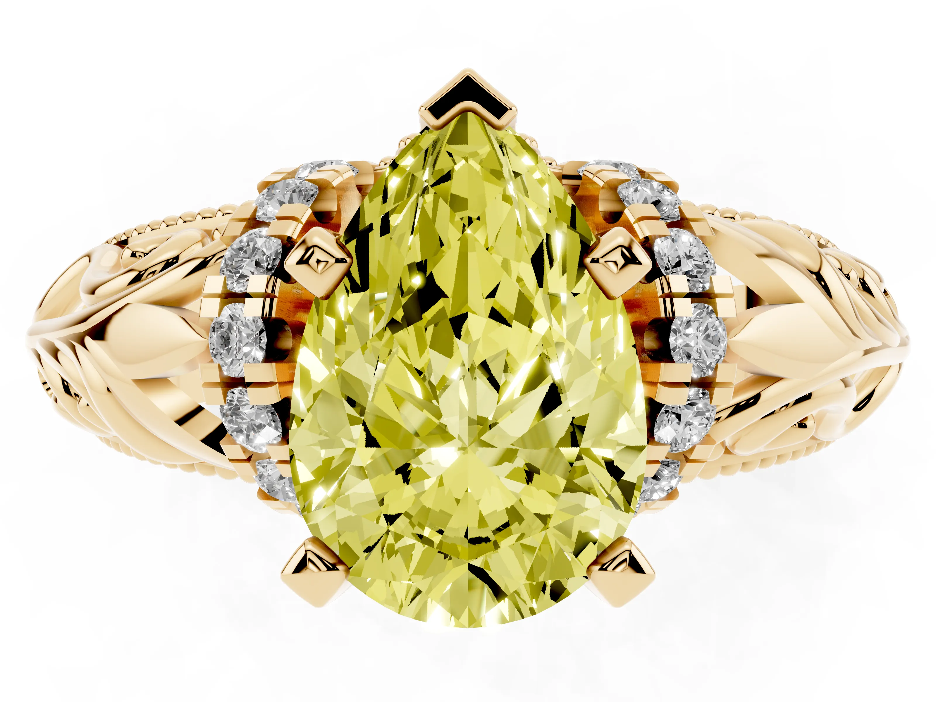 Fancy Yellow Pear Cut Diamond Filigree Halo Engagement Ring Set in Yellow gold with Prong Setting