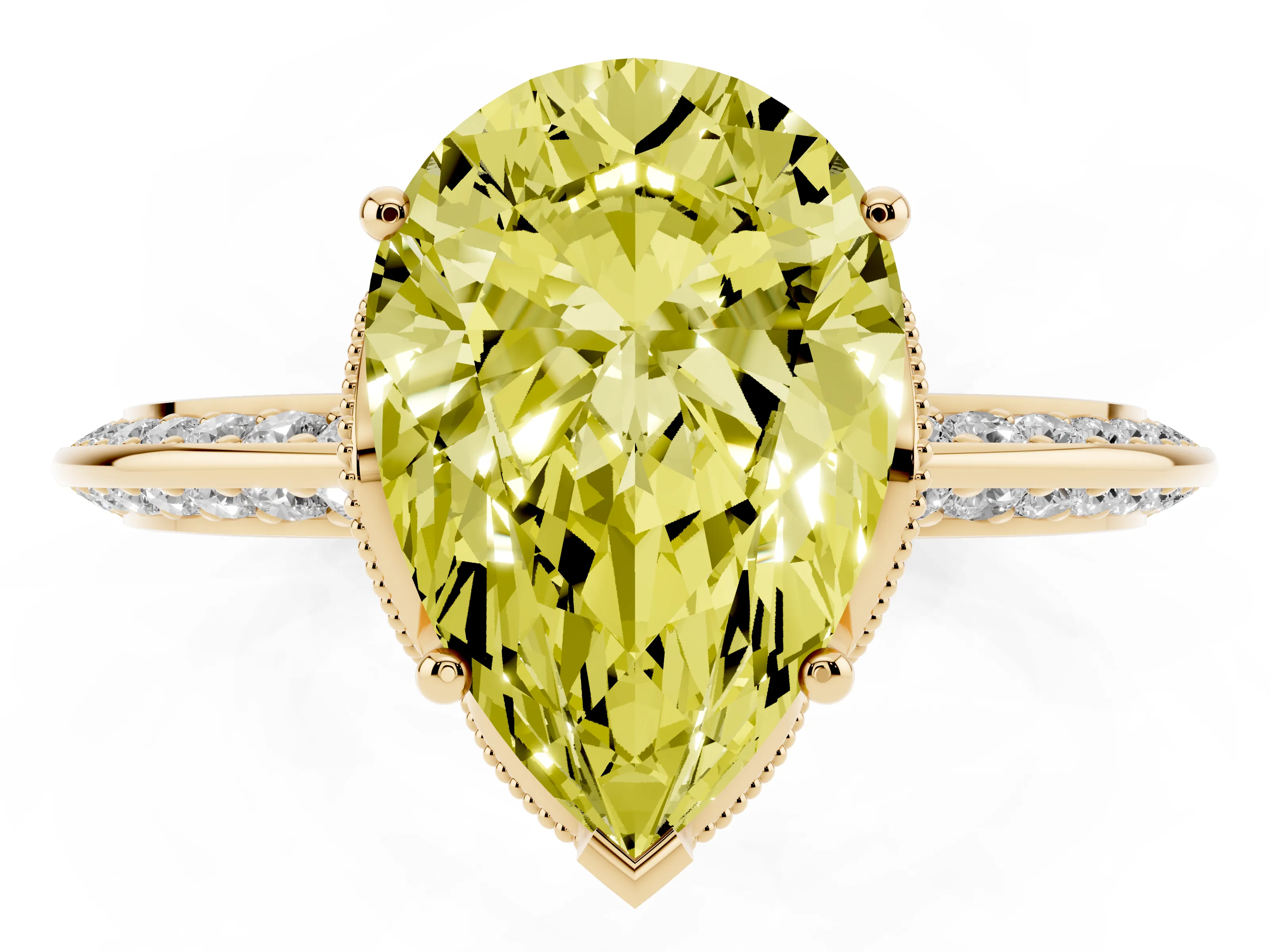 Fancy Yellow Pear Cut Diamond Solitaire Engagement Ring Set in Yellow gold with Pavé Split Shank and Prong Setting
