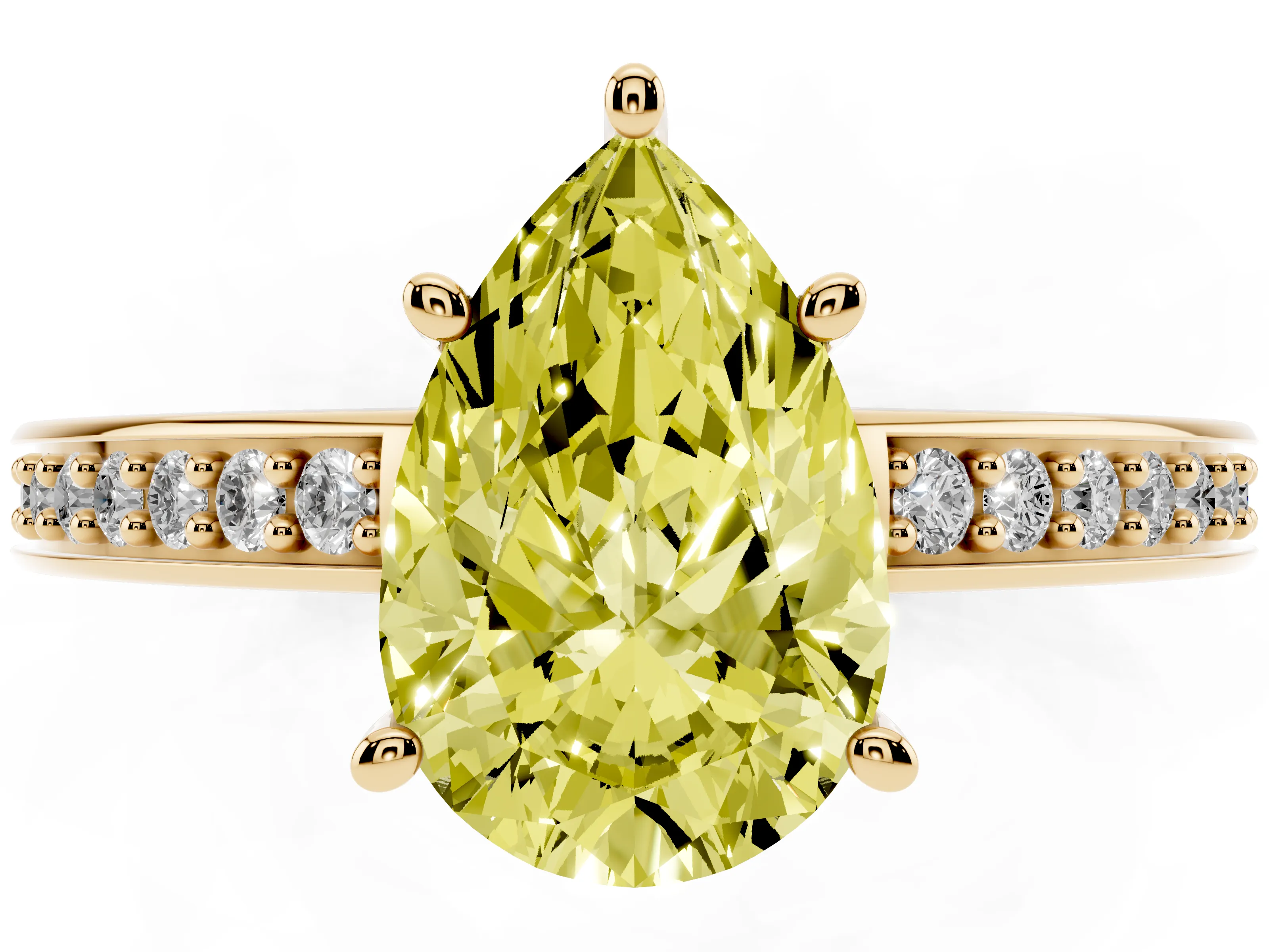 Fancy Yellow Pear Cut Diamond Pavé Band Prong Set Solitaire Ring Set in Yellow gold