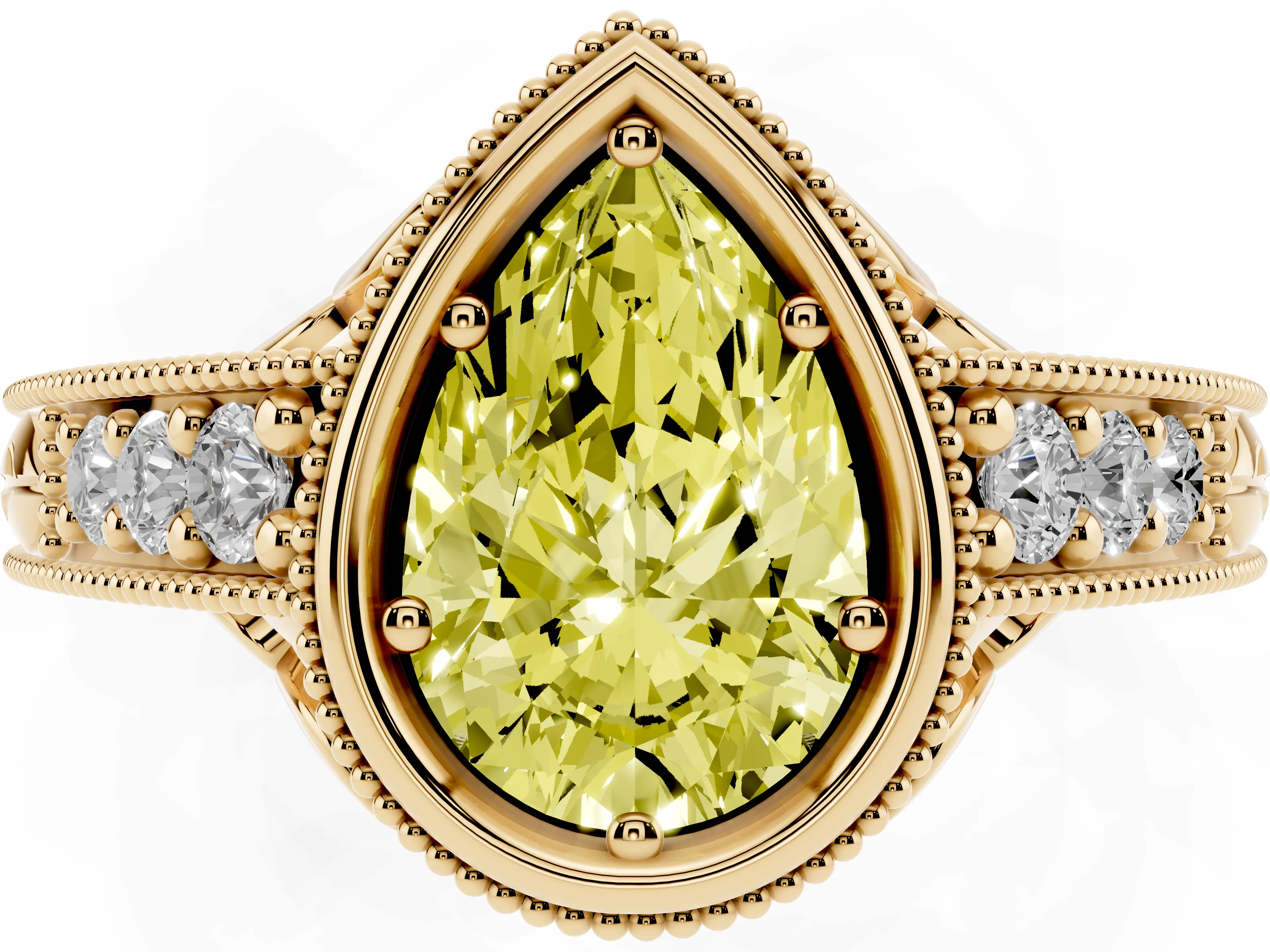 Fancy Yellow Bezel Set Pear Cut Diamond Milgrain Pavé Engagement Ring Set in Yellow gold