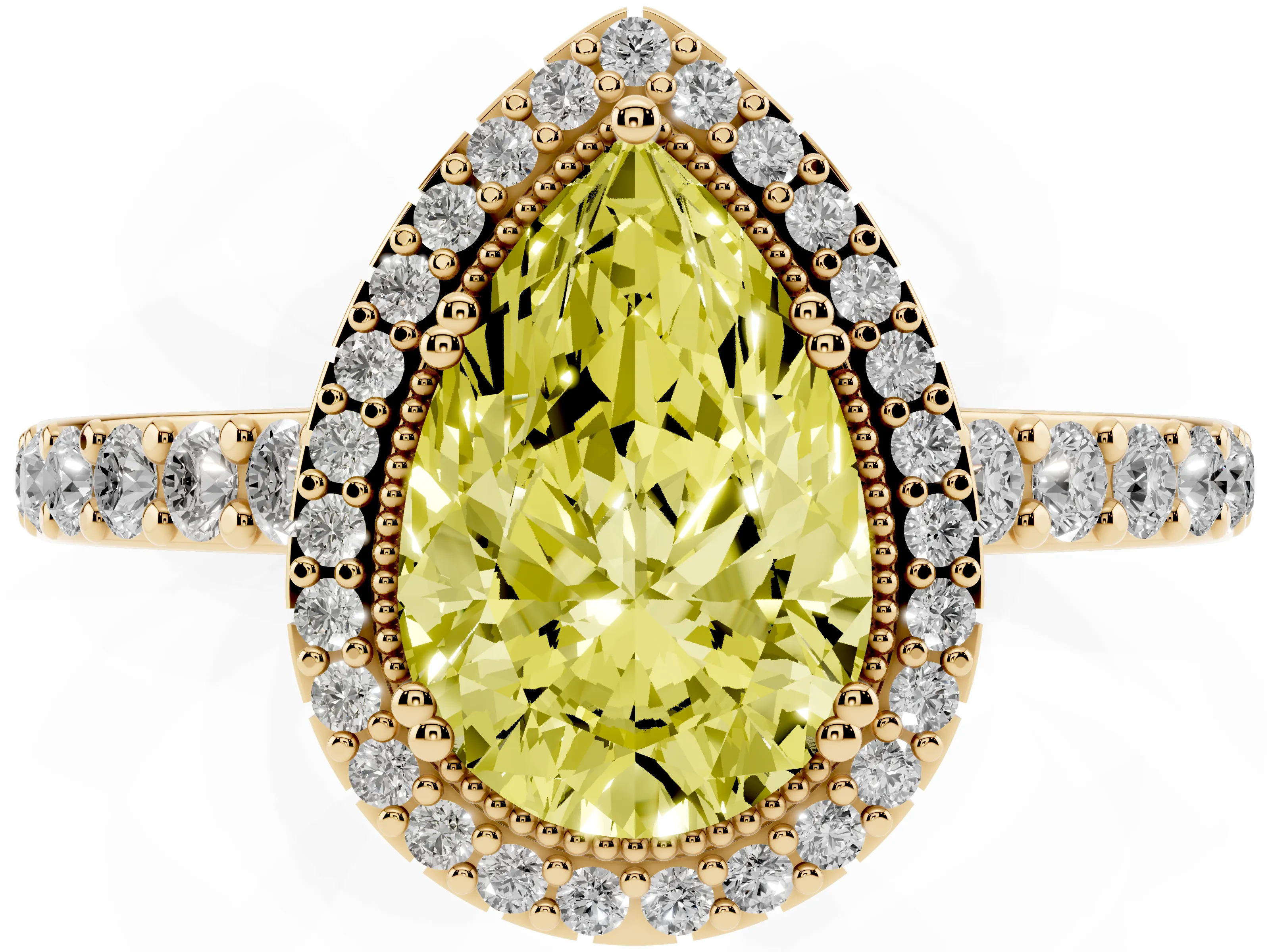 Fancy Yellow Pear Cut Diamond Halo Engagement Ring Set in Yellow gold with Milgrain Detail and Pavé Band