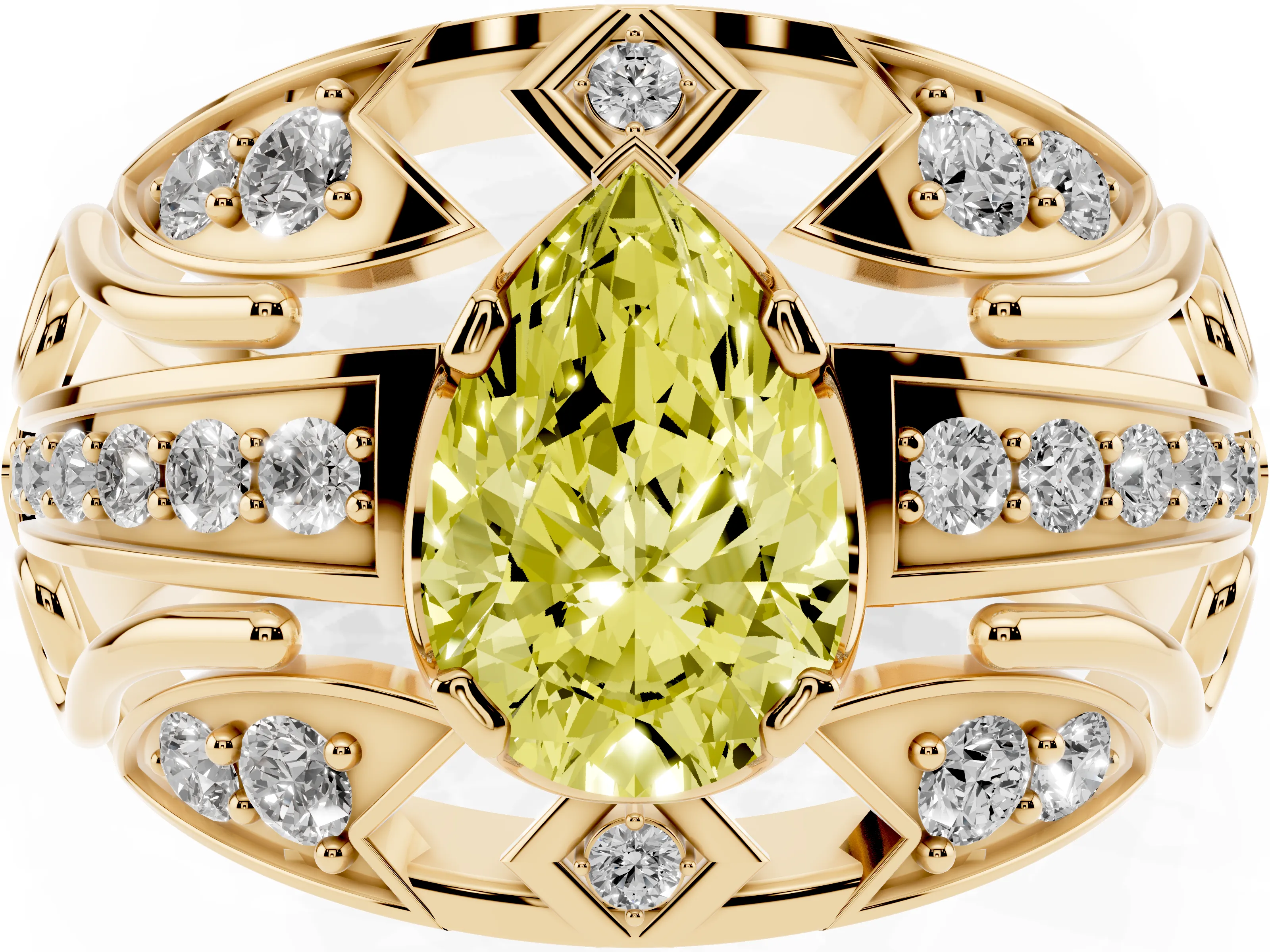 Fancy Yellow Pear Cut Diamond Art Deco Ring Set in Yellow gold with Pavé Split Shank