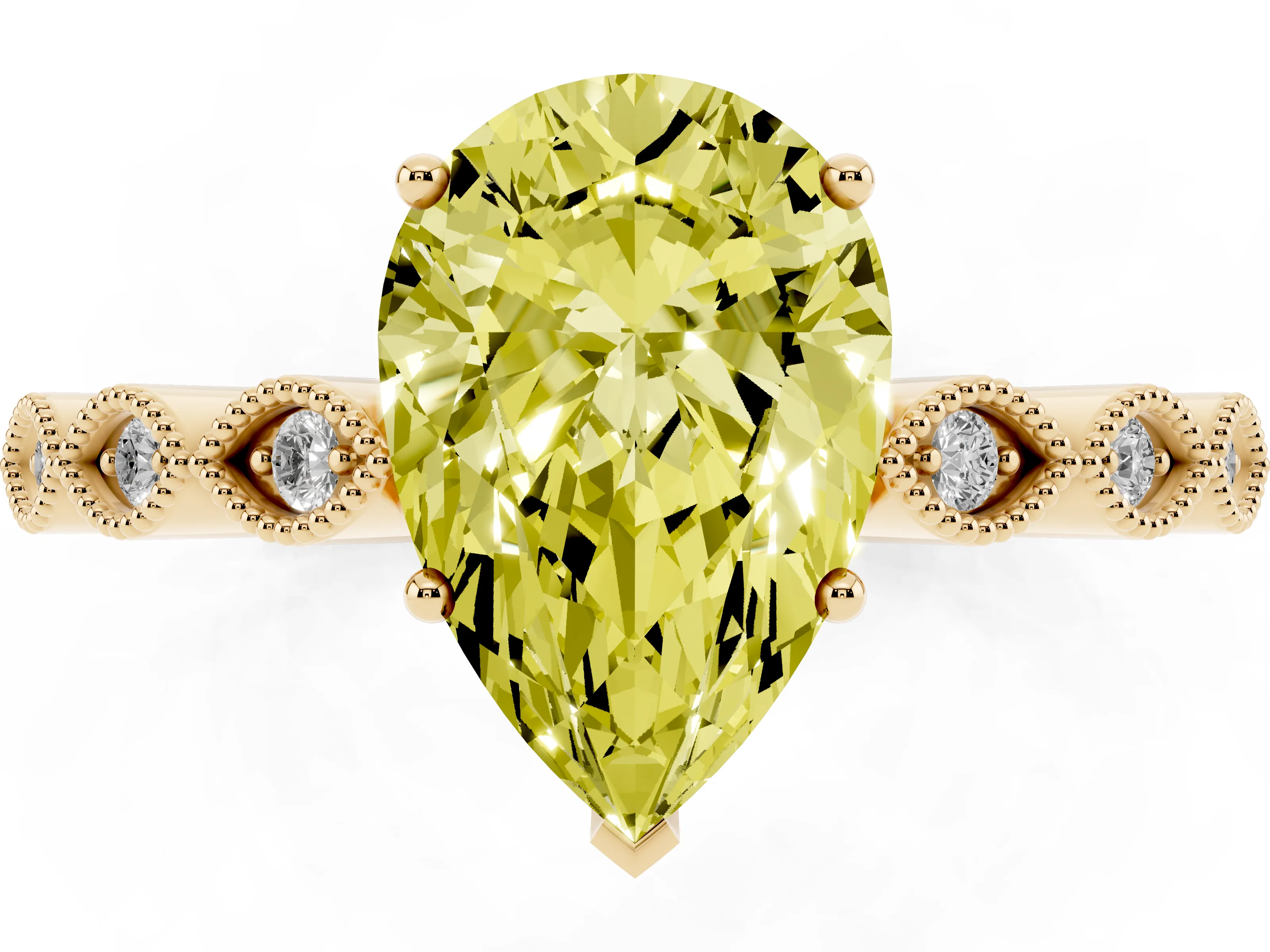 Fancy Yellow Pear Cut Diamond Solitaire Ring Set in Yellow gold with Infinity Twist Pavé Band