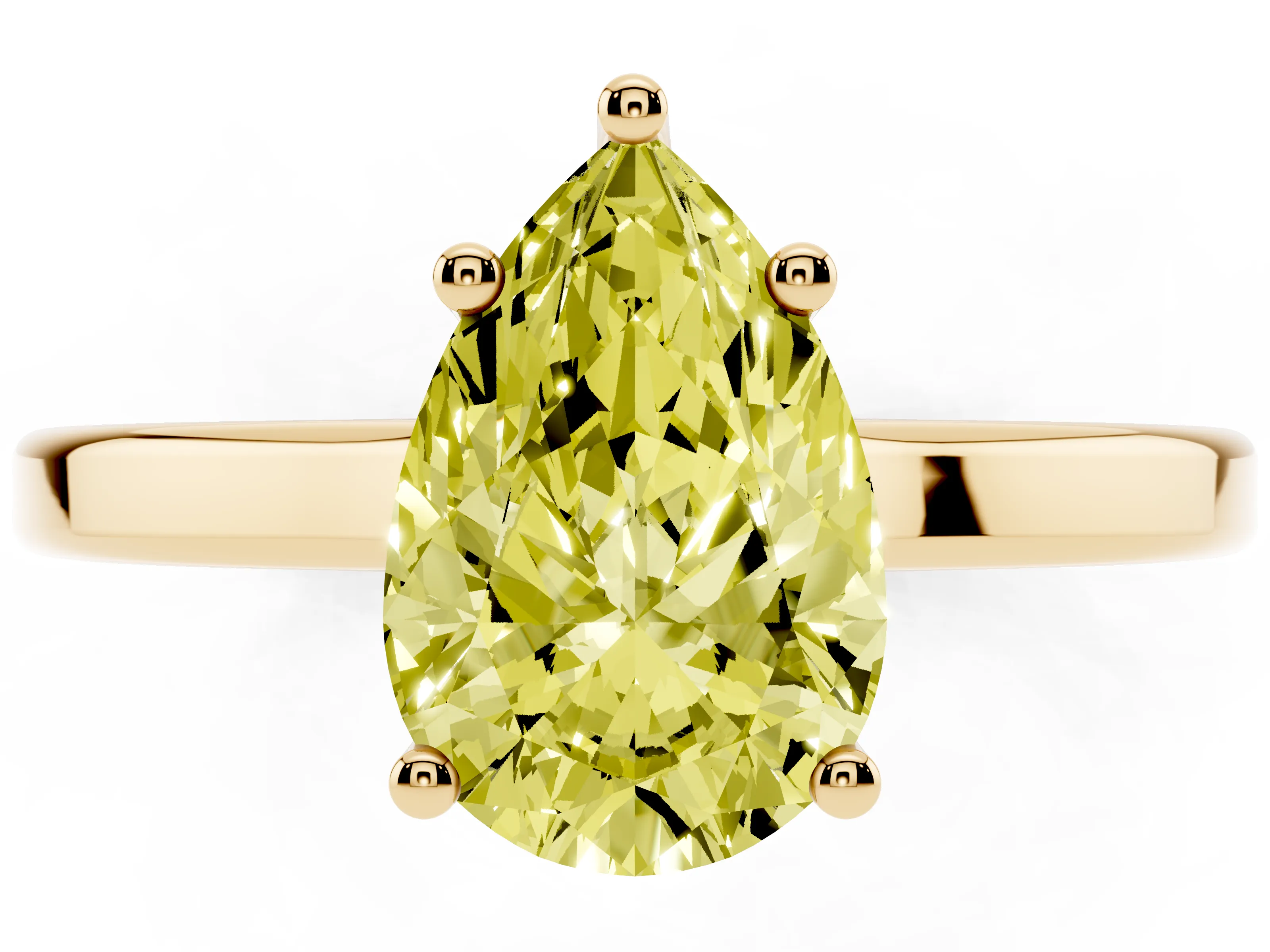 Fancy Yellow Pear Cut Diamond Solitaire Engagement Ring Set in Yellow gold with Prong Setting on a Plain Band