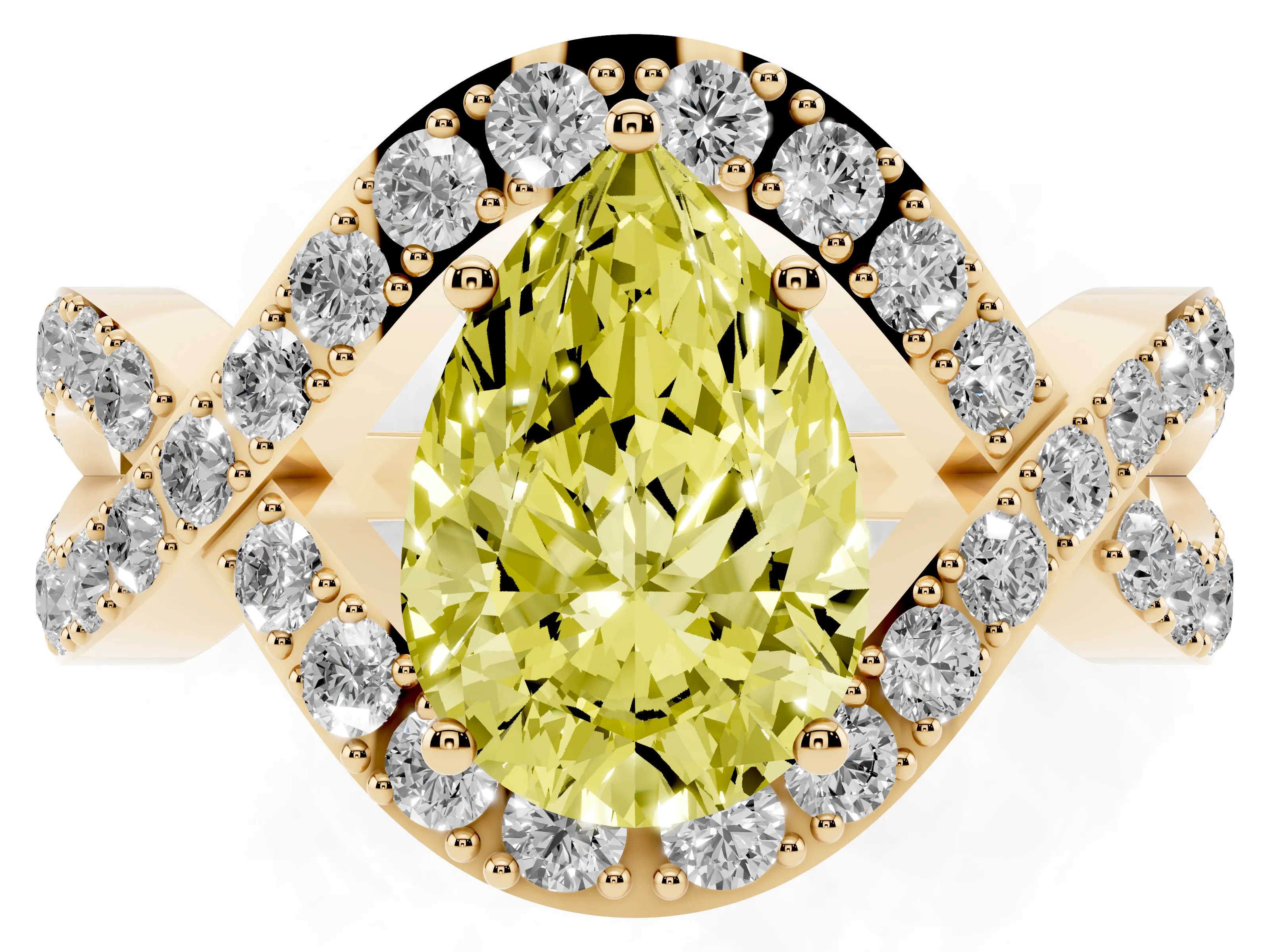 Fancy Yellow Pear Cut Diamond Solitaire Twist Band Pavé Engagement Ring Set in Yellow gold