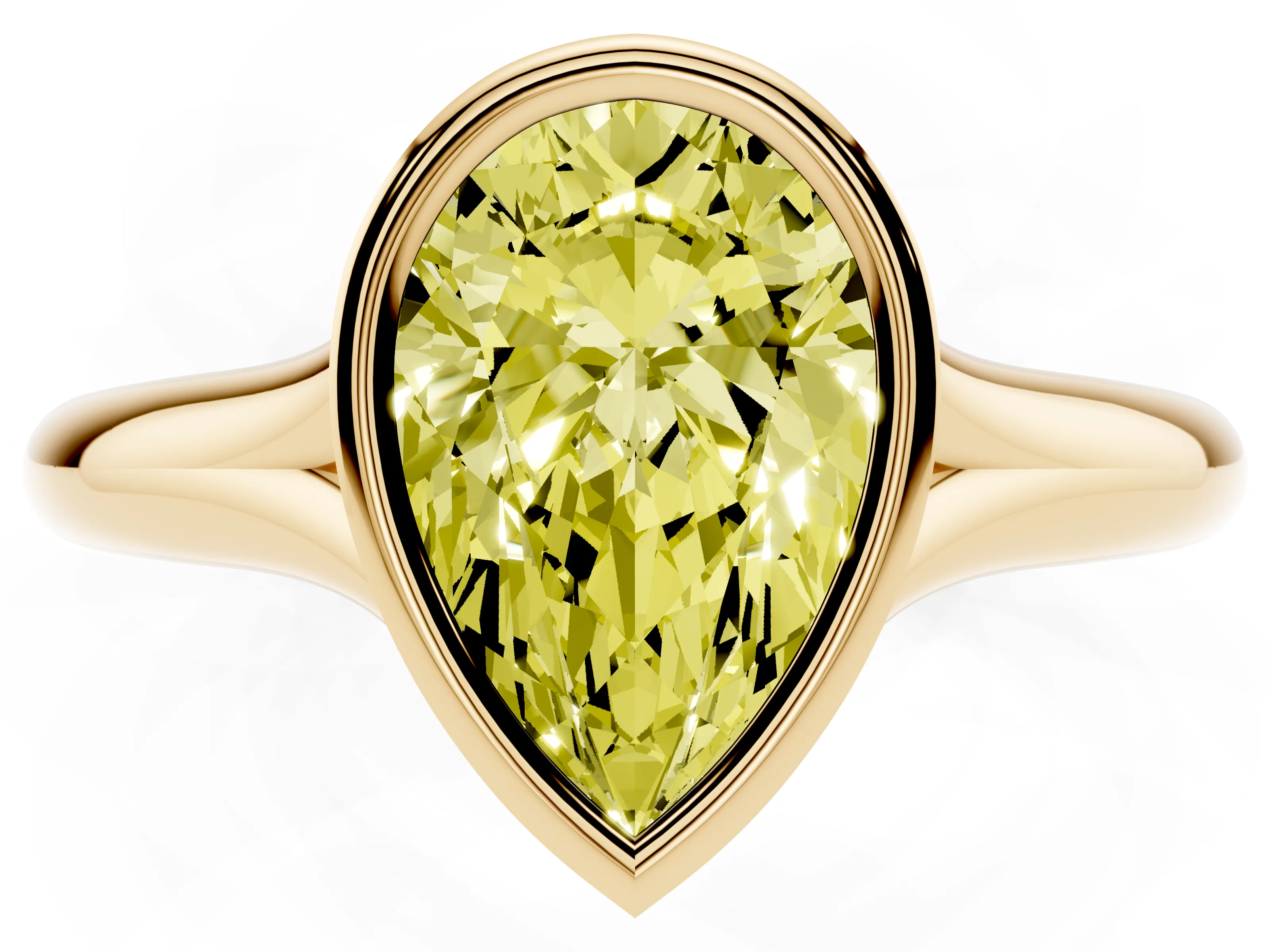 Fancy Yellow Bezel Set Pear Cut Diamond Solitaire Ring Set in Yellow gold with Smooth Band