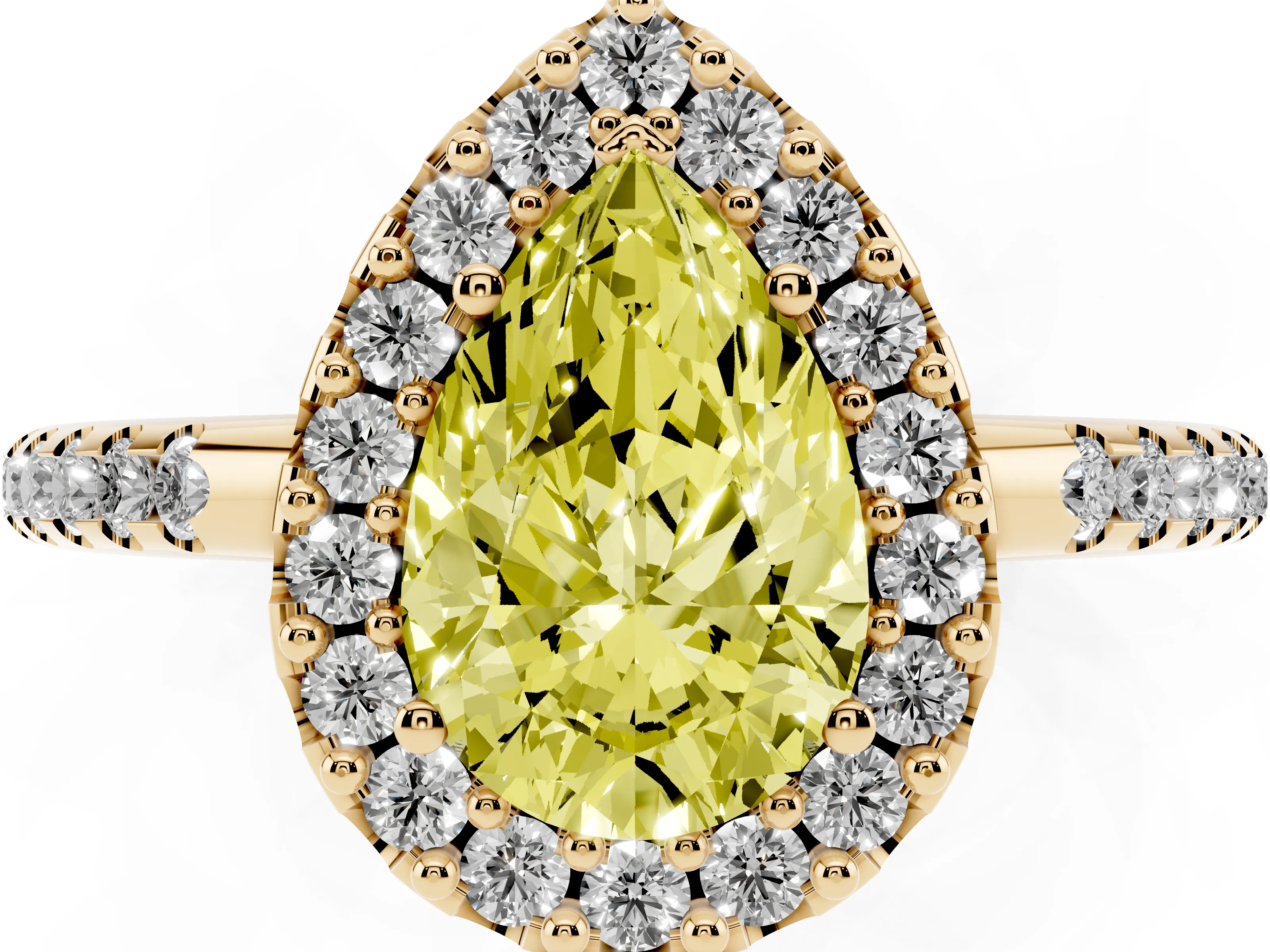 Fancy Yellow Pear Cut Diamond Pavé Halo Ring Set in Yellow gold with Prong Setting