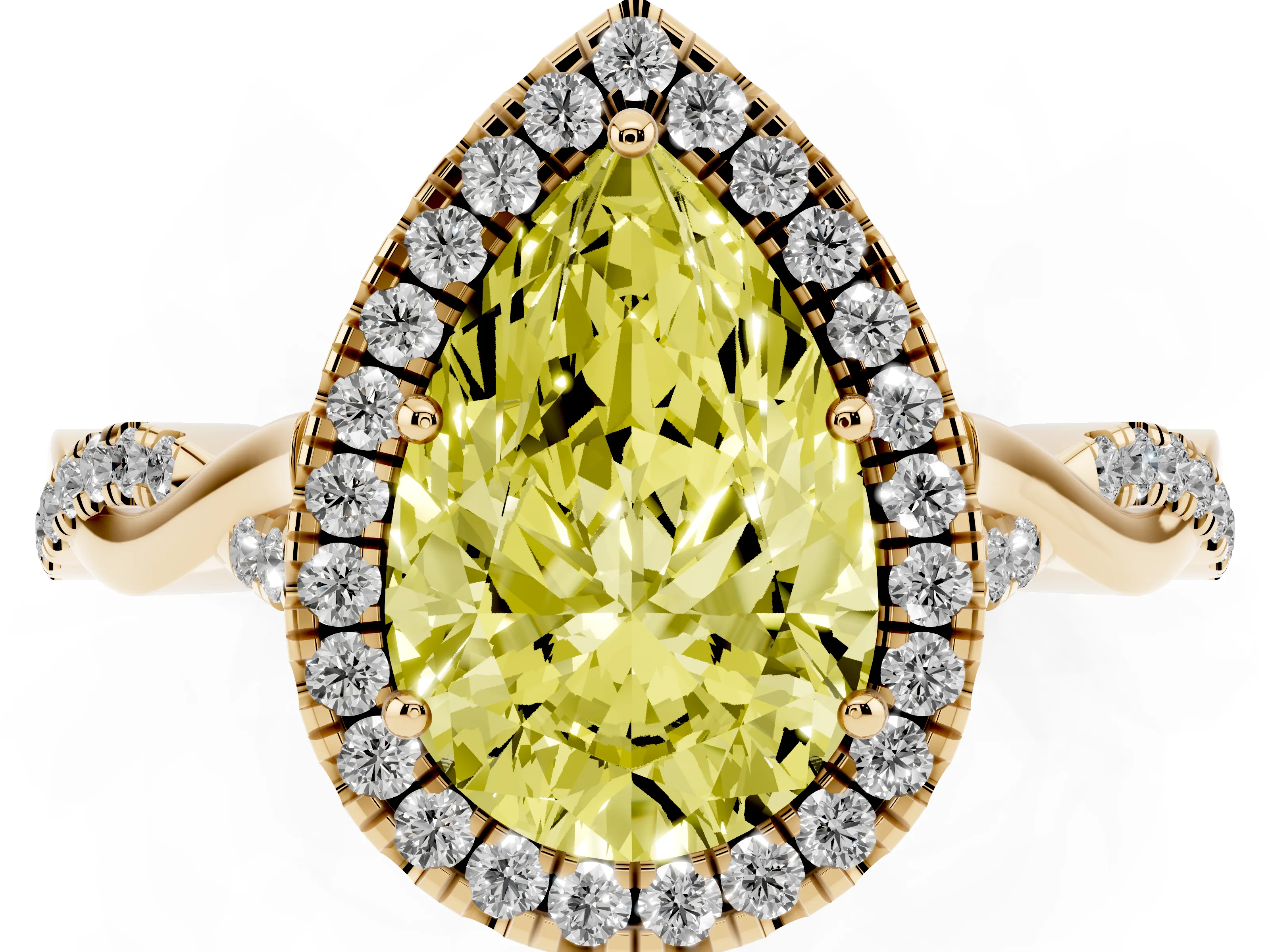 Fancy Yellow Pear Cut Diamond Halo Twist Band Solitaire Ring Set in Yellow gold with Prong Setting