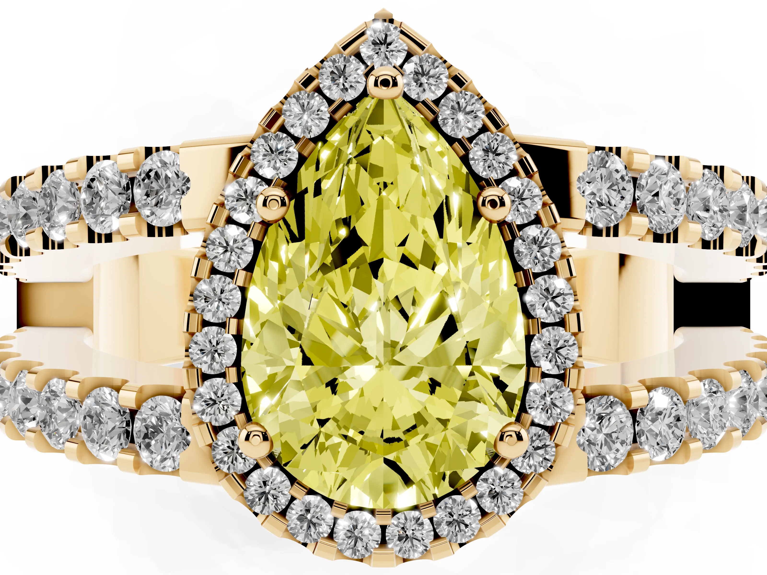 Fancy Yellow Pear Cut Diamond Halo Ring Set in Yellow gold with Pavé Split Shank and Prong Setting
