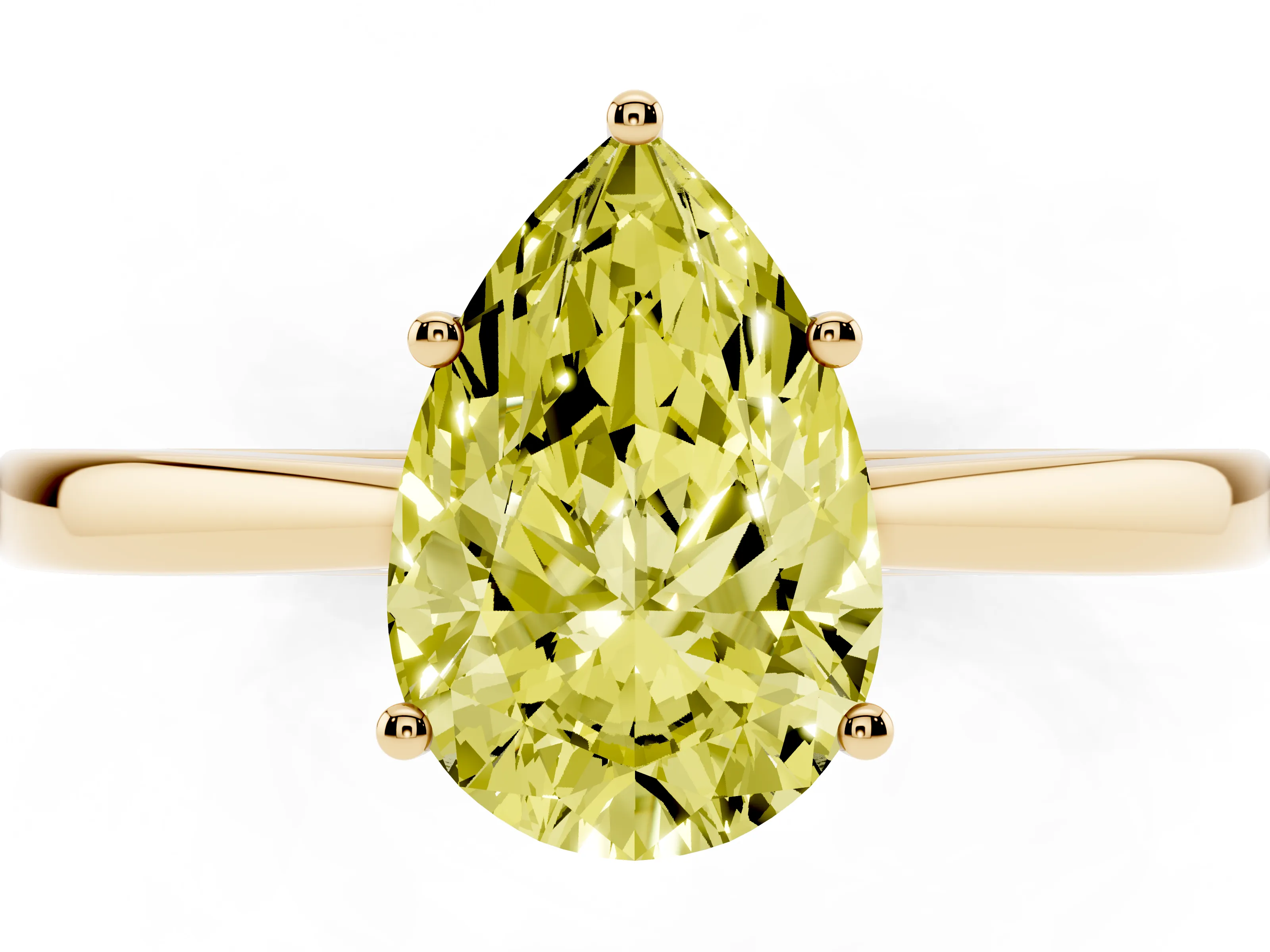 Fancy Yellow Pear Cut Diamond Solitaire Ring Set in Yellow gold with Split Shank and Prong Setting