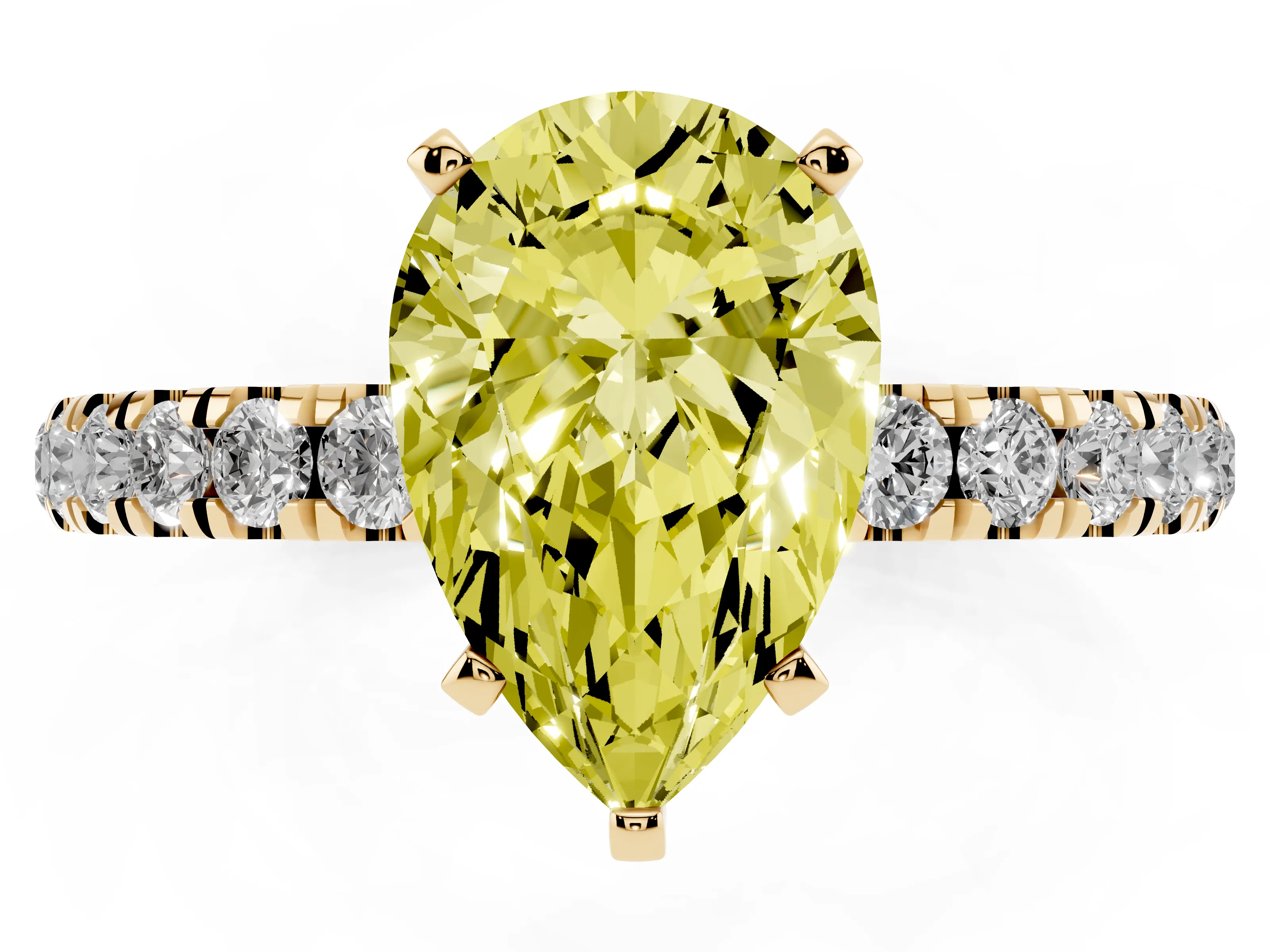 Fancy Yellow Pear Cut Diamond Solitaire Ring Set in Yellow gold with Pavé Accents and Prong Setting