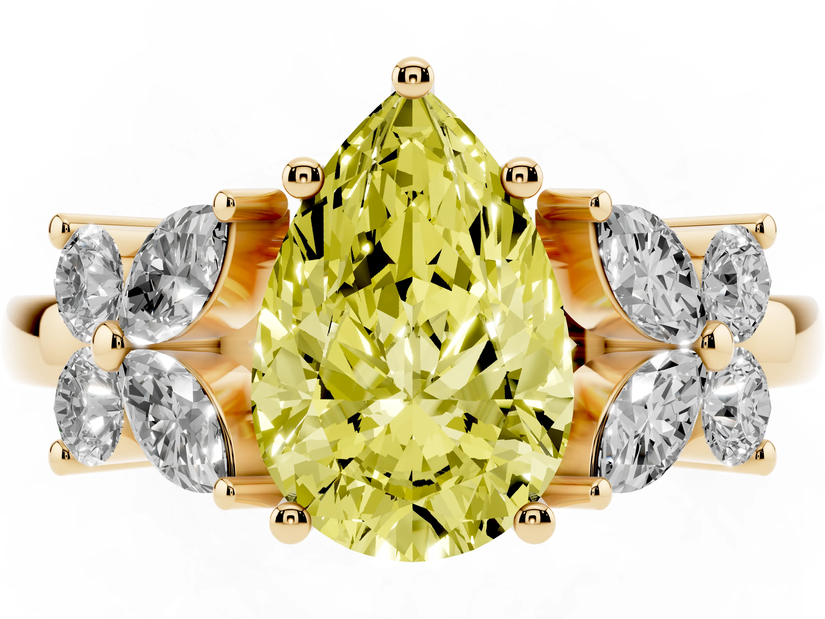 Fancy Yellow Pear Cut Diamond Floral Cluster Ring Set in Yellow gold with Marquise Petals and Prong Setting