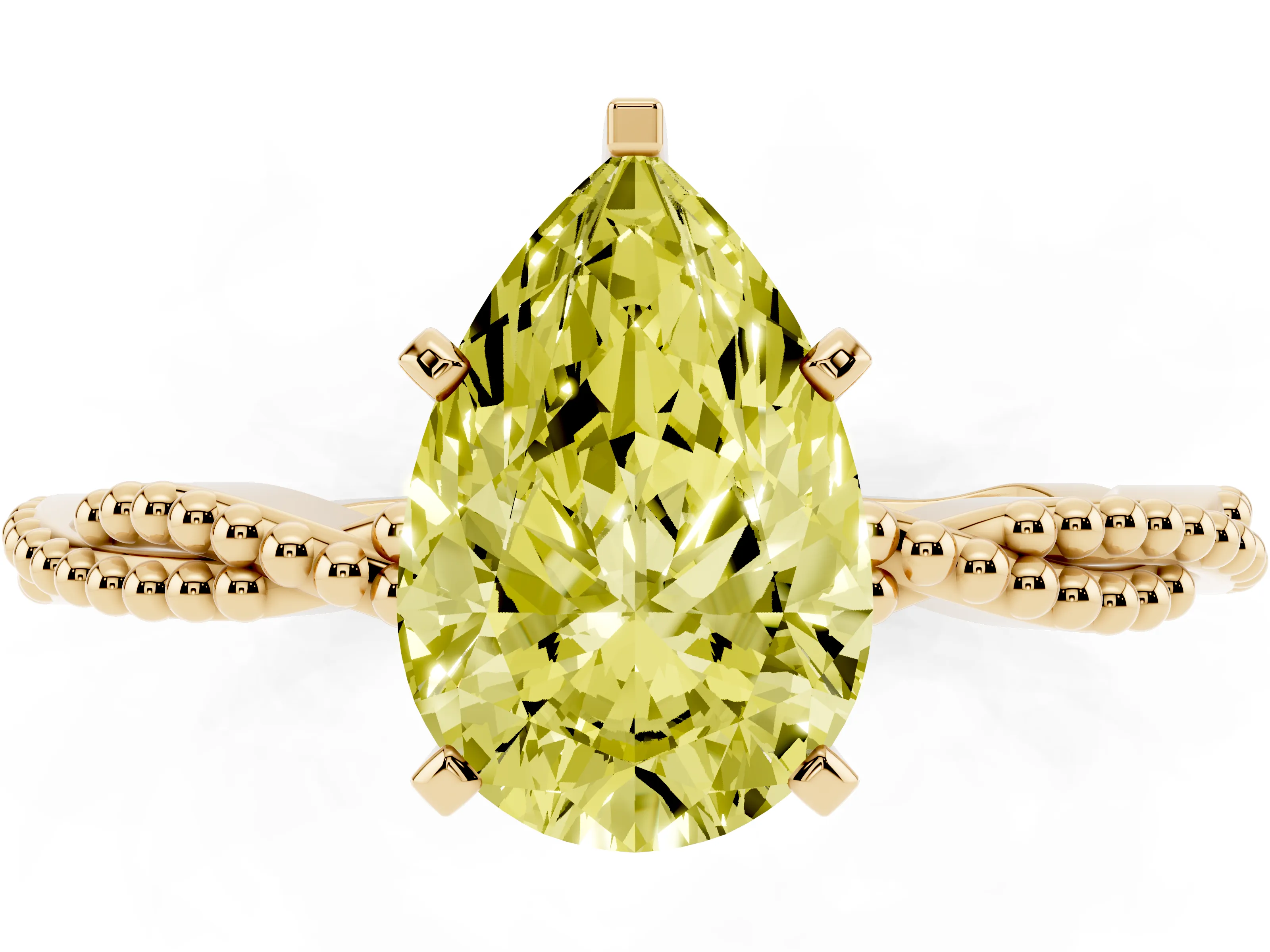Fancy Yellow Pear Cut Diamond Solitaire Ring Set in Yellow gold with Twisted Band and Bead Prong Setting
