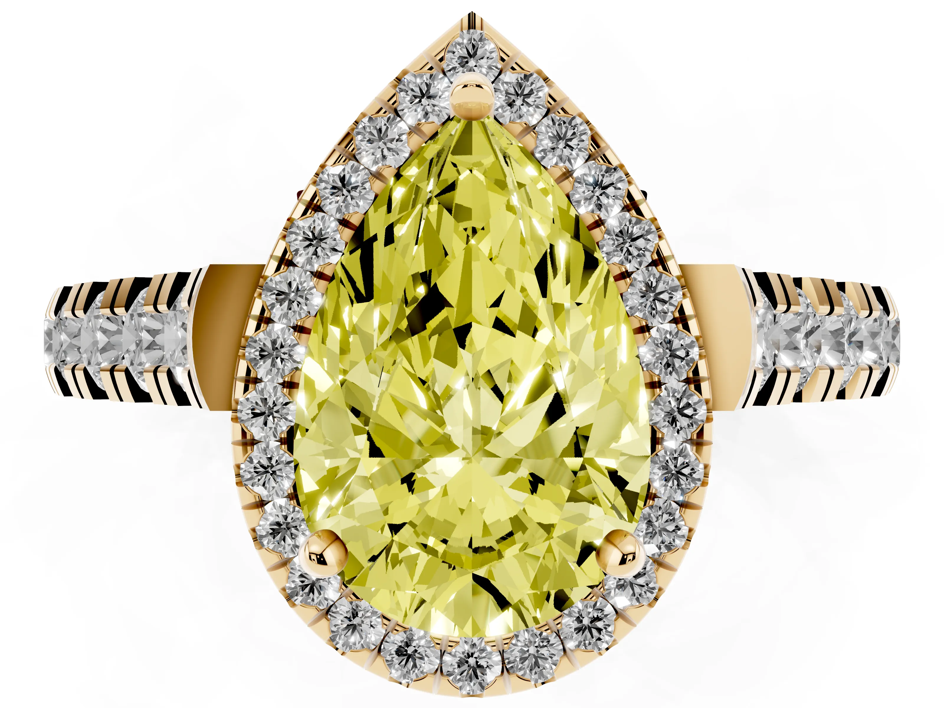 Fancy Yellow Pear Cut Diamond Halo Engagement Ring Set in Yellow gold with Pavé Band and Prong-Set Center
