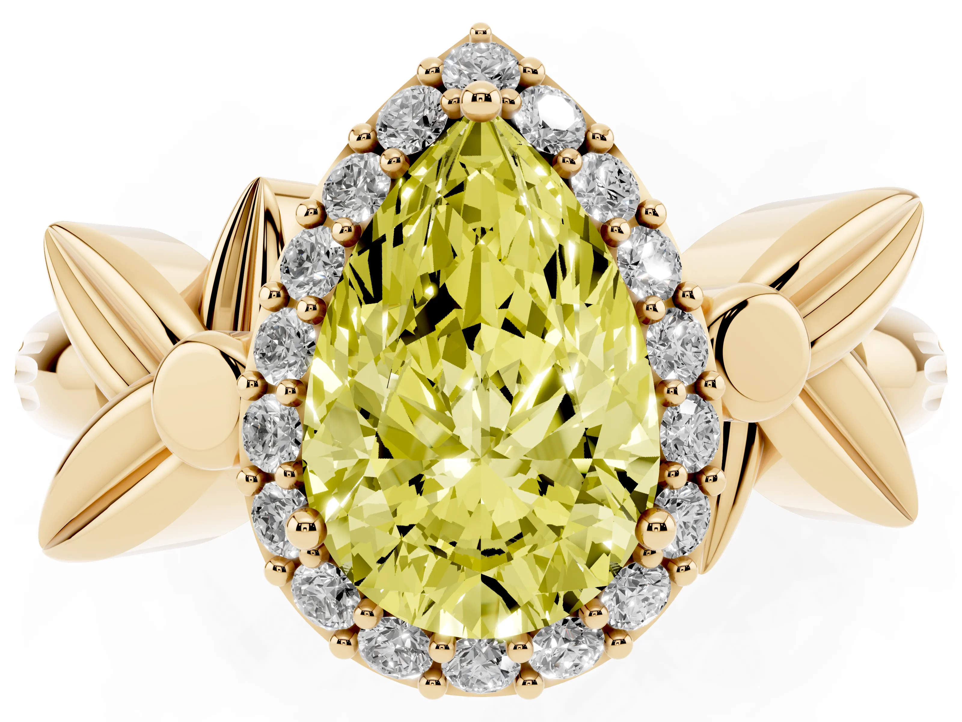 Fancy Yellow Pear Cut Diamond Halo Floral Band Ring Set in Yellow gold with Prong Setting