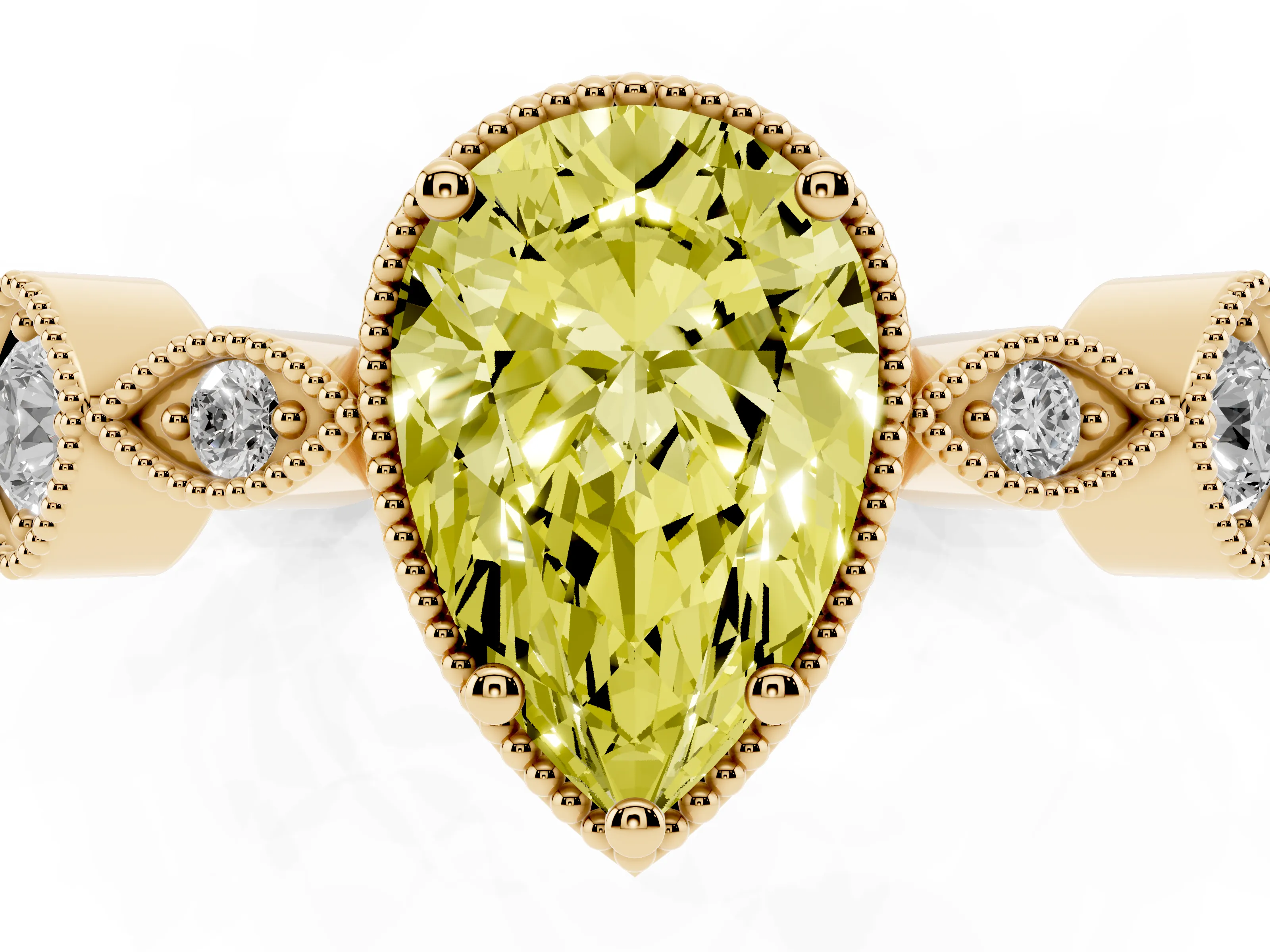 Fancy Yellow Pear Cut Diamond Vintage-Inspired Milgrain Ring Set in Yellow gold with Marquise Stations of Round Accents