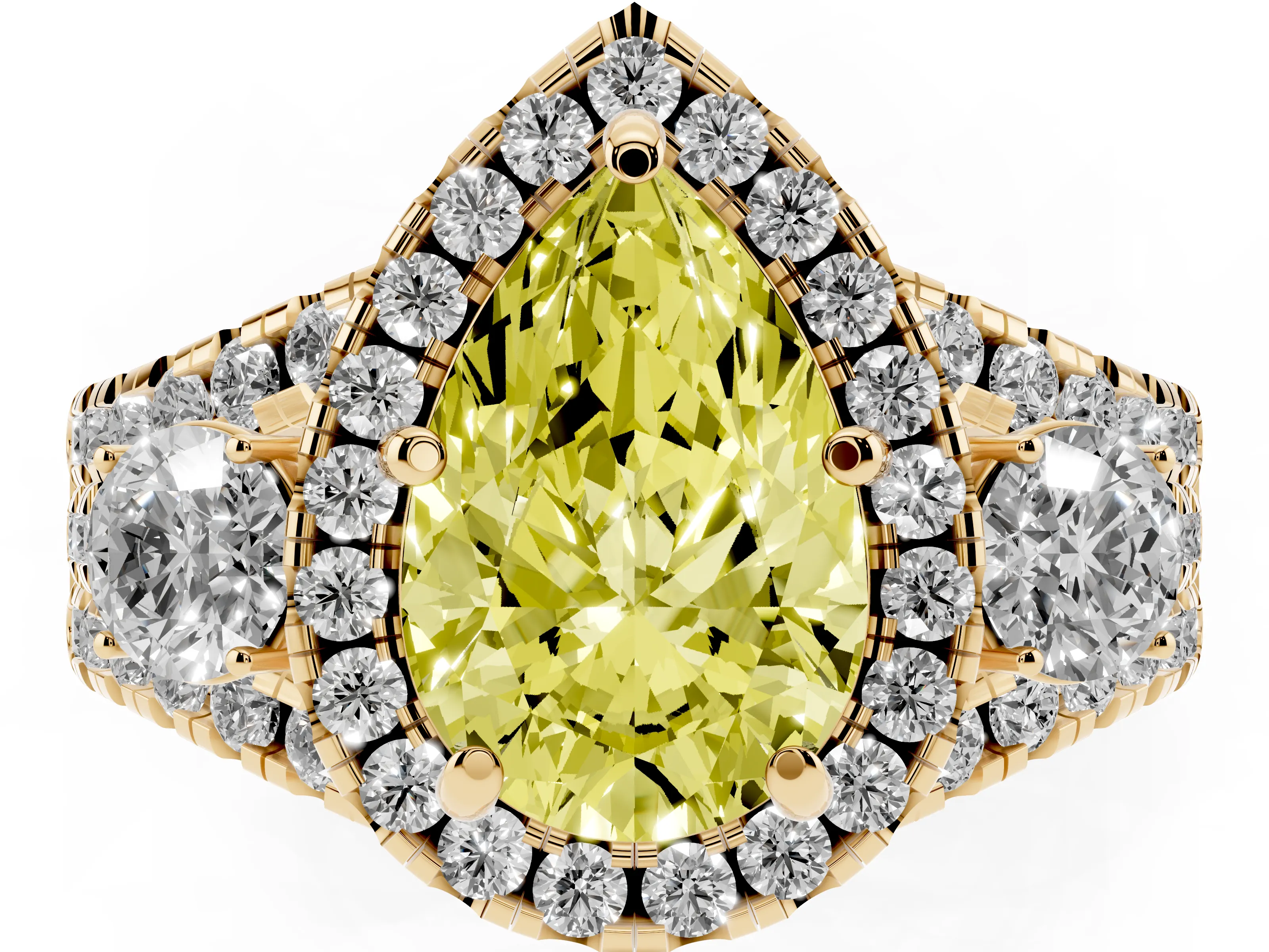 Fancy Yellow Pear Cut Diamond Halo Split Shank Ring Set in Yellow gold with Round Accent Stones and Prong Setting