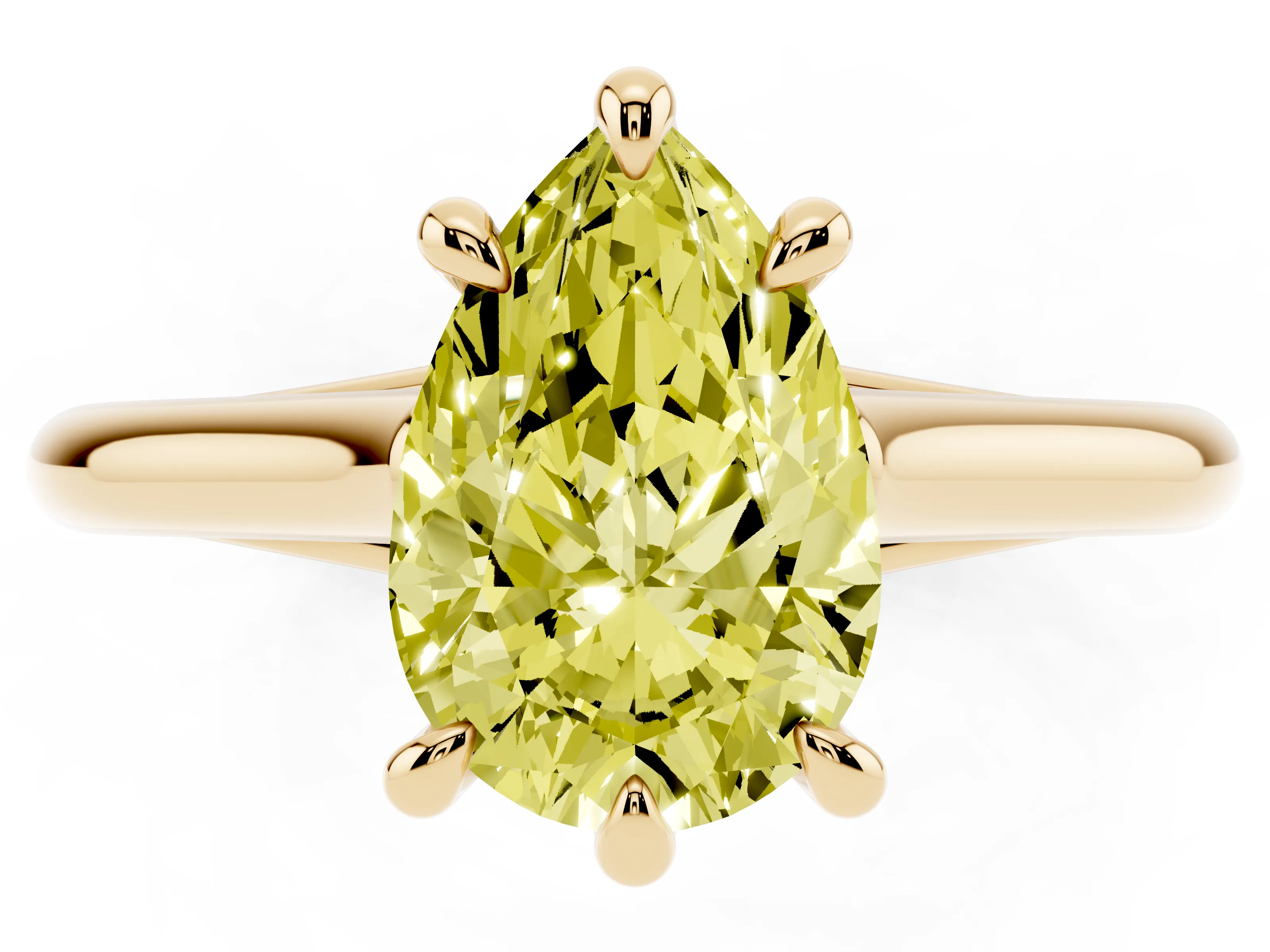 Fancy Yellow Pear Cut Diamond Solitaire Engagement Ring Set in Yellow gold with Prong Setting and Plain Classic Band