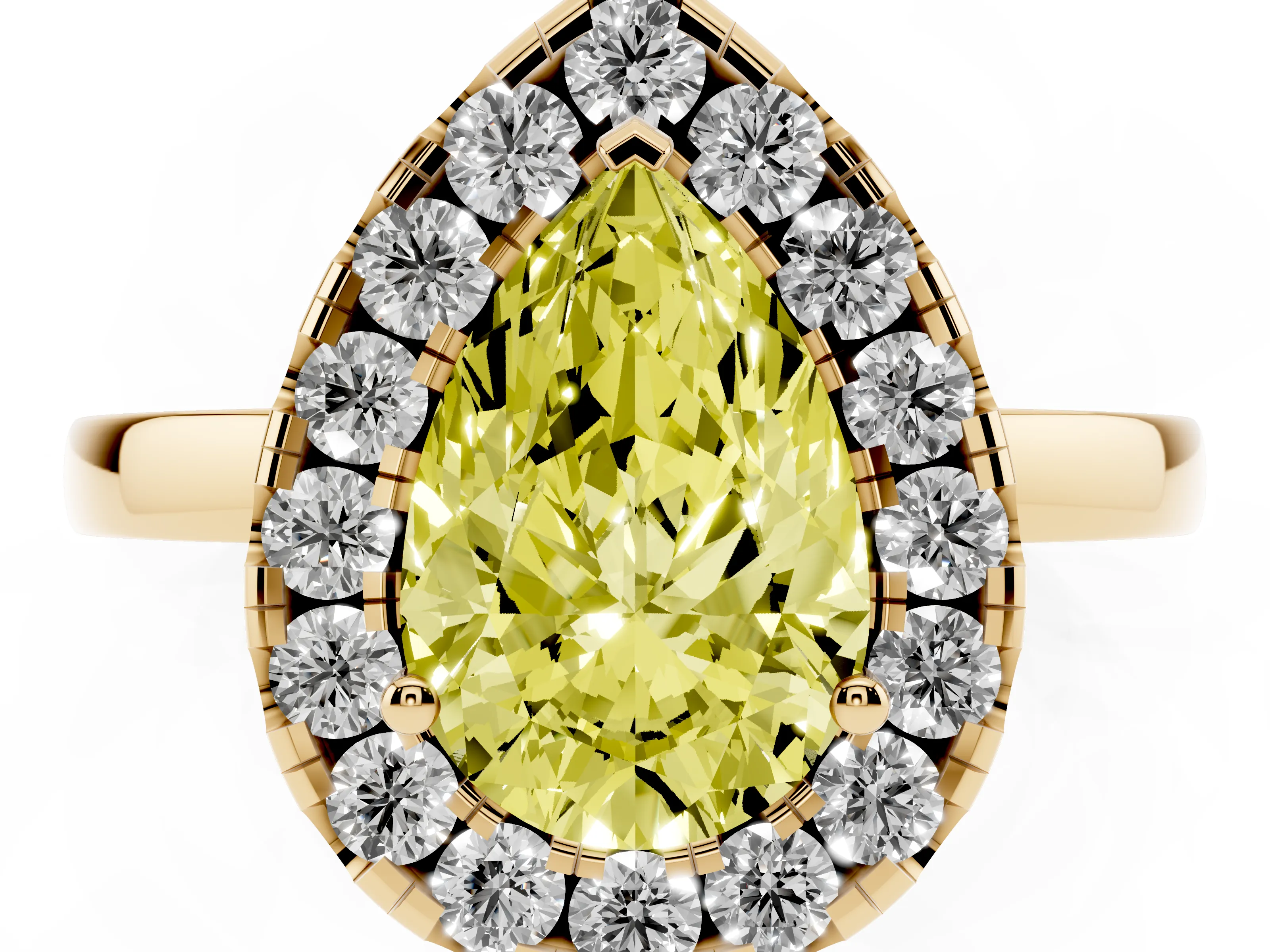 Fancy Yellow Pear Cut Diamond Halo Solitaire Ring Set in Yellow gold with Pavé Band and Prong Setting