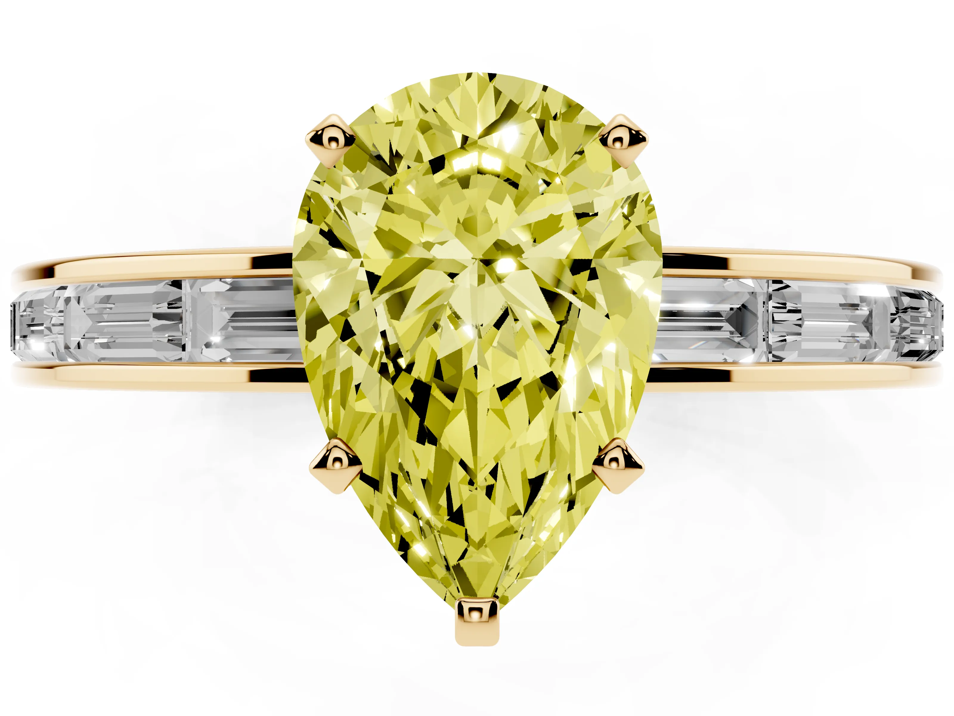 Fancy Yellow Pear Cut Diamond Solitaire Ring Set in Yellow gold with Channel-Set Baguette Band and Prong Setting