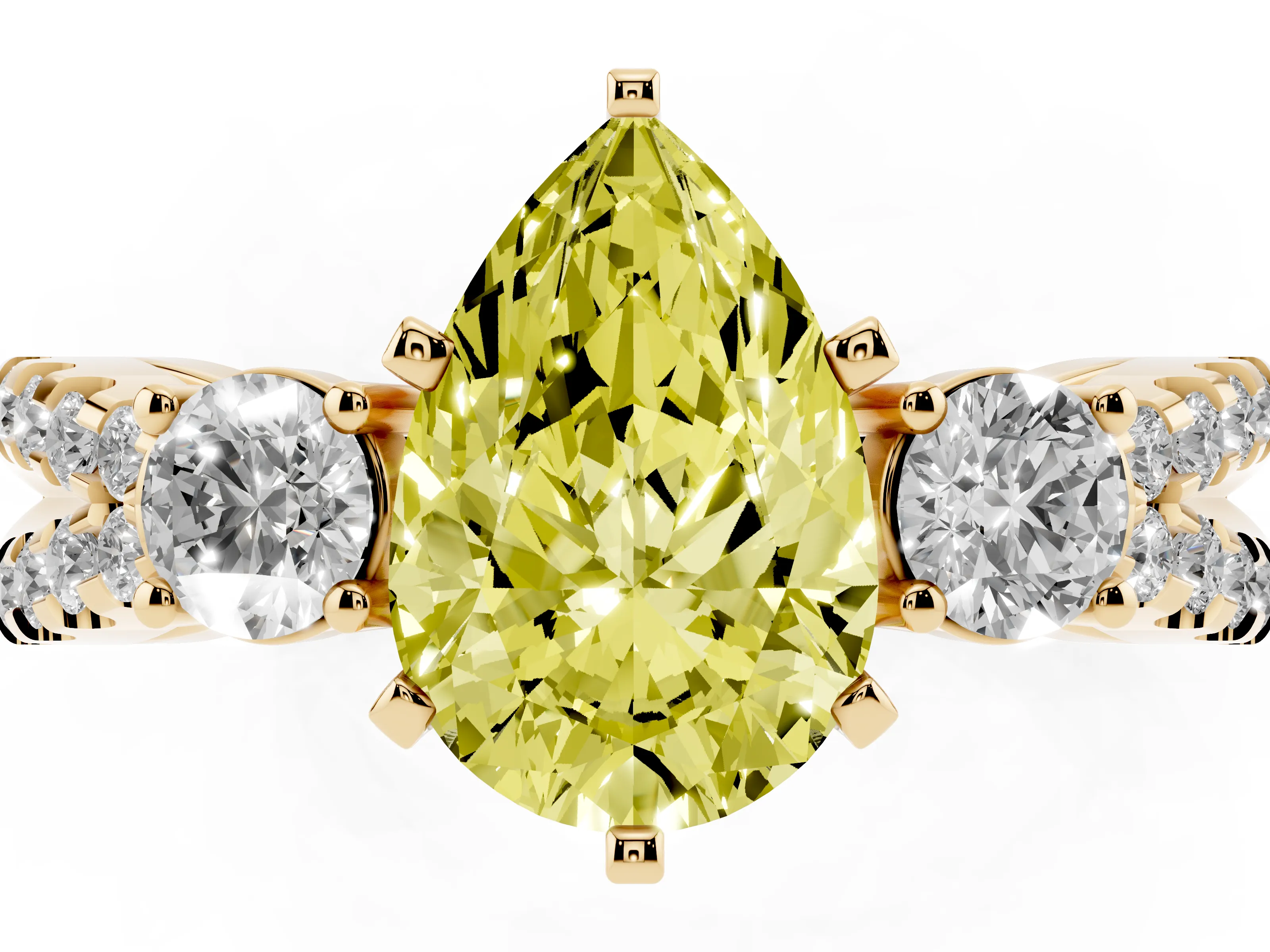 Fancy Yellow Pear Cut Diamond Three-Stone Ring Set in Yellow gold with Pavé Split Shank and Prong Setting