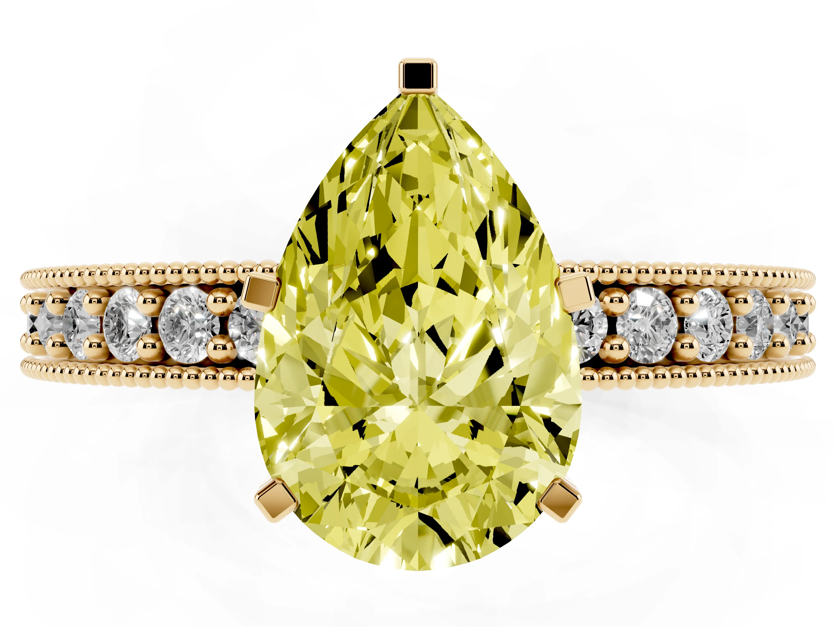 Fancy Yellow Pear Cut Diamond Milgrain Pavé Engagement Ring Set in Yellow gold with Prong Setting