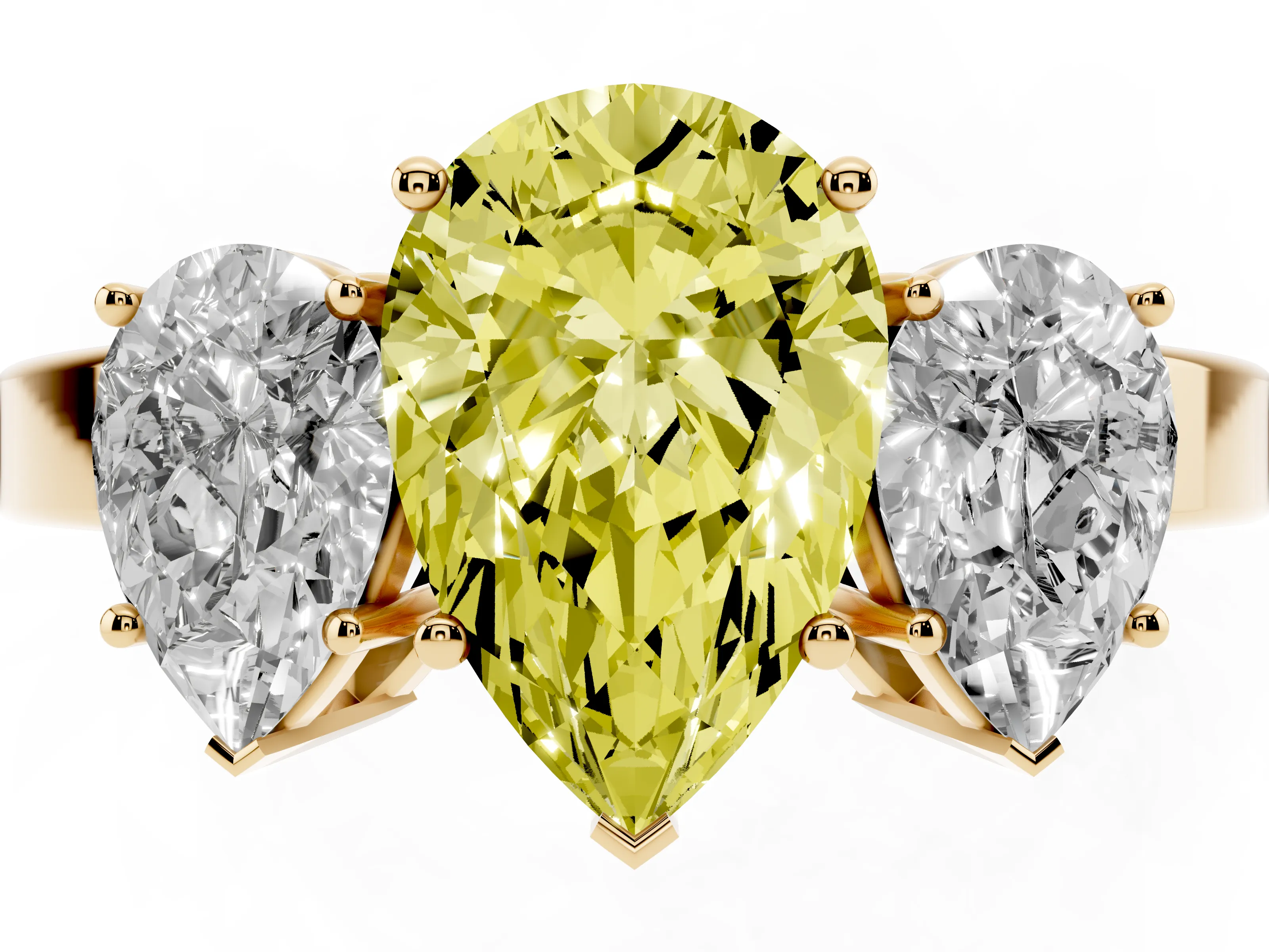 Fancy Yellow Pear Cut Diamond Three-Stone Engagement Ring Set in Yellow gold with Flat Band