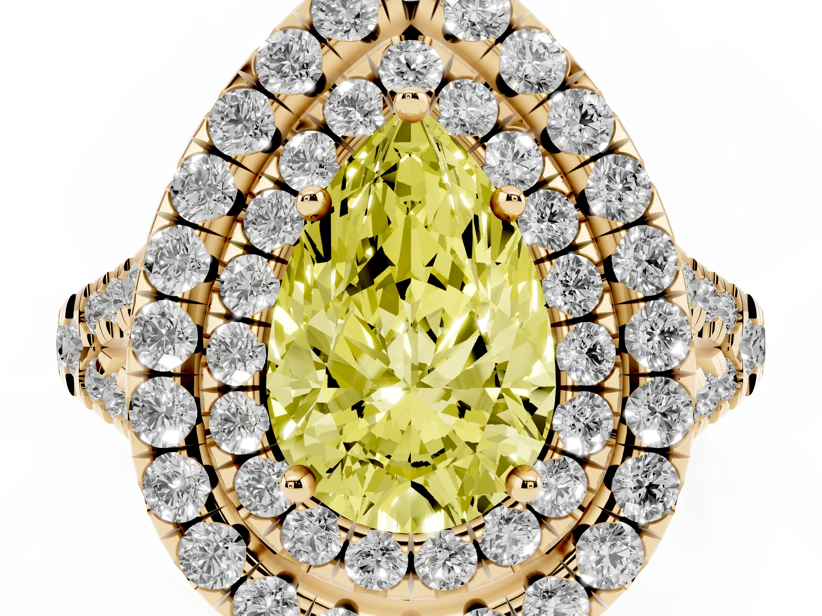 Fancy Yellow Pear Cut Diamond Double Halo Ring Set in Yellow gold with Pavé Split Shank and Prong Setting