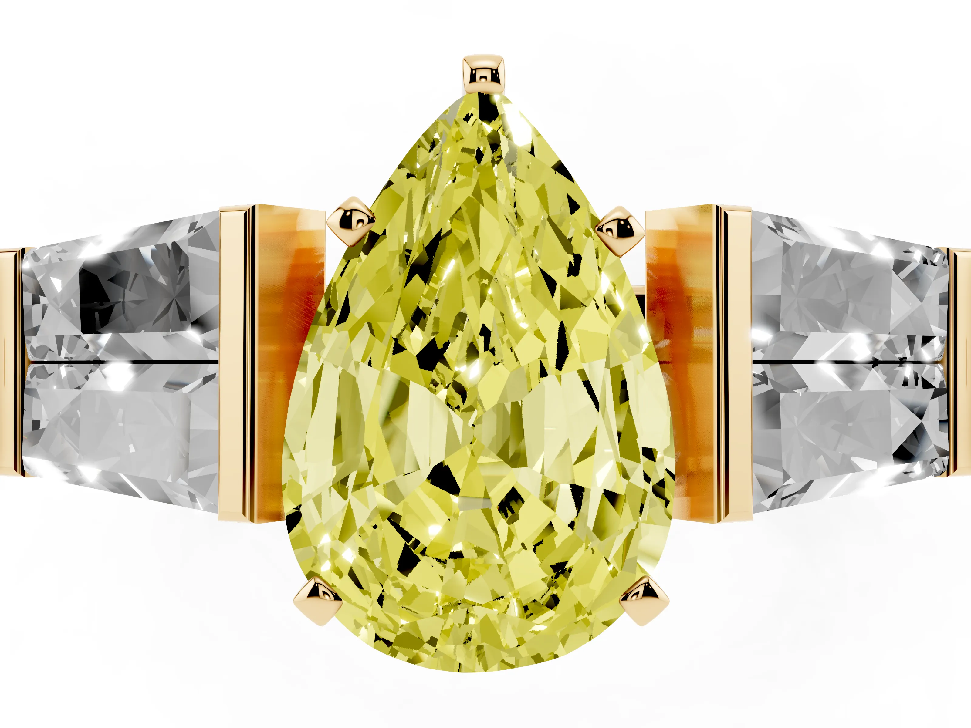 Fancy Yellow Pear Cut Diamond Engagement Ring Set in Yellow gold with Baguette Side Stones and Channel Set Band
