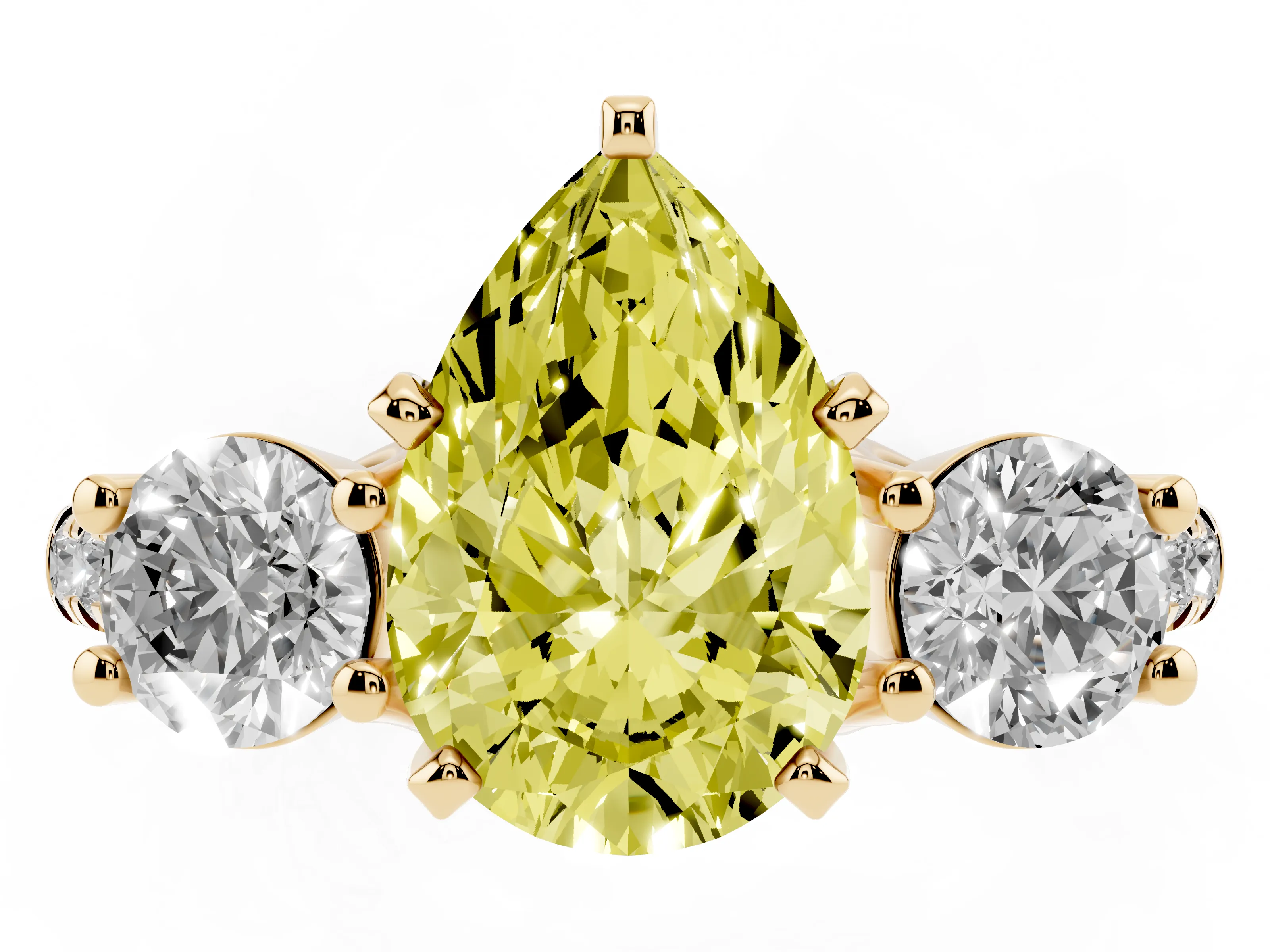 Fancy Yellow Three-Stone Pear Cut Diamond Pavé Band Ring Set in Yellow gold with Prong-Set Trio