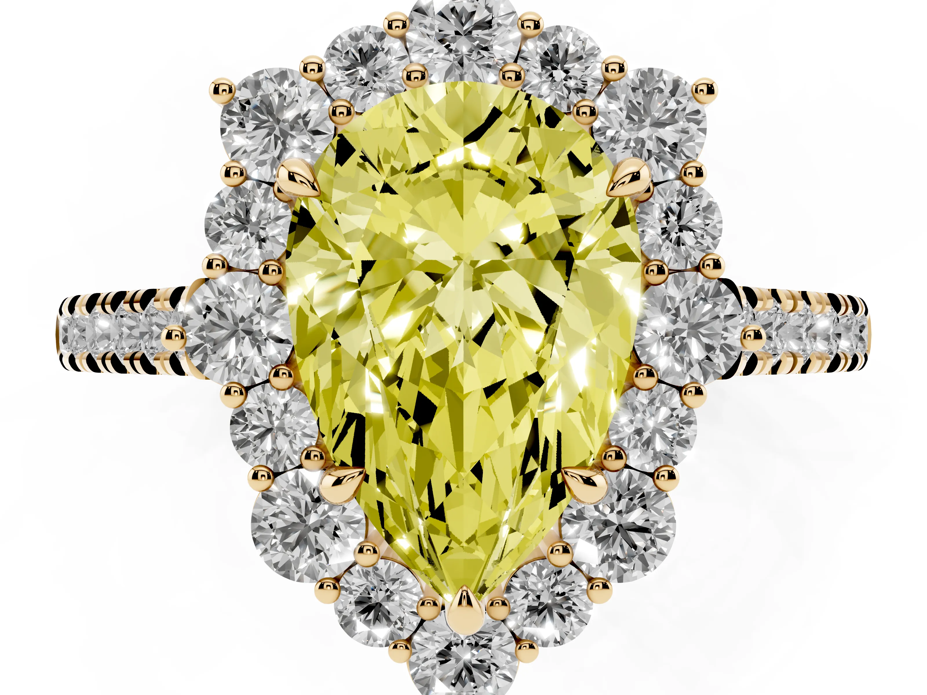Fancy Yellow Pear Cut Diamond Halo Ring Set in Yellow gold with Pavé Band and Prong Setting