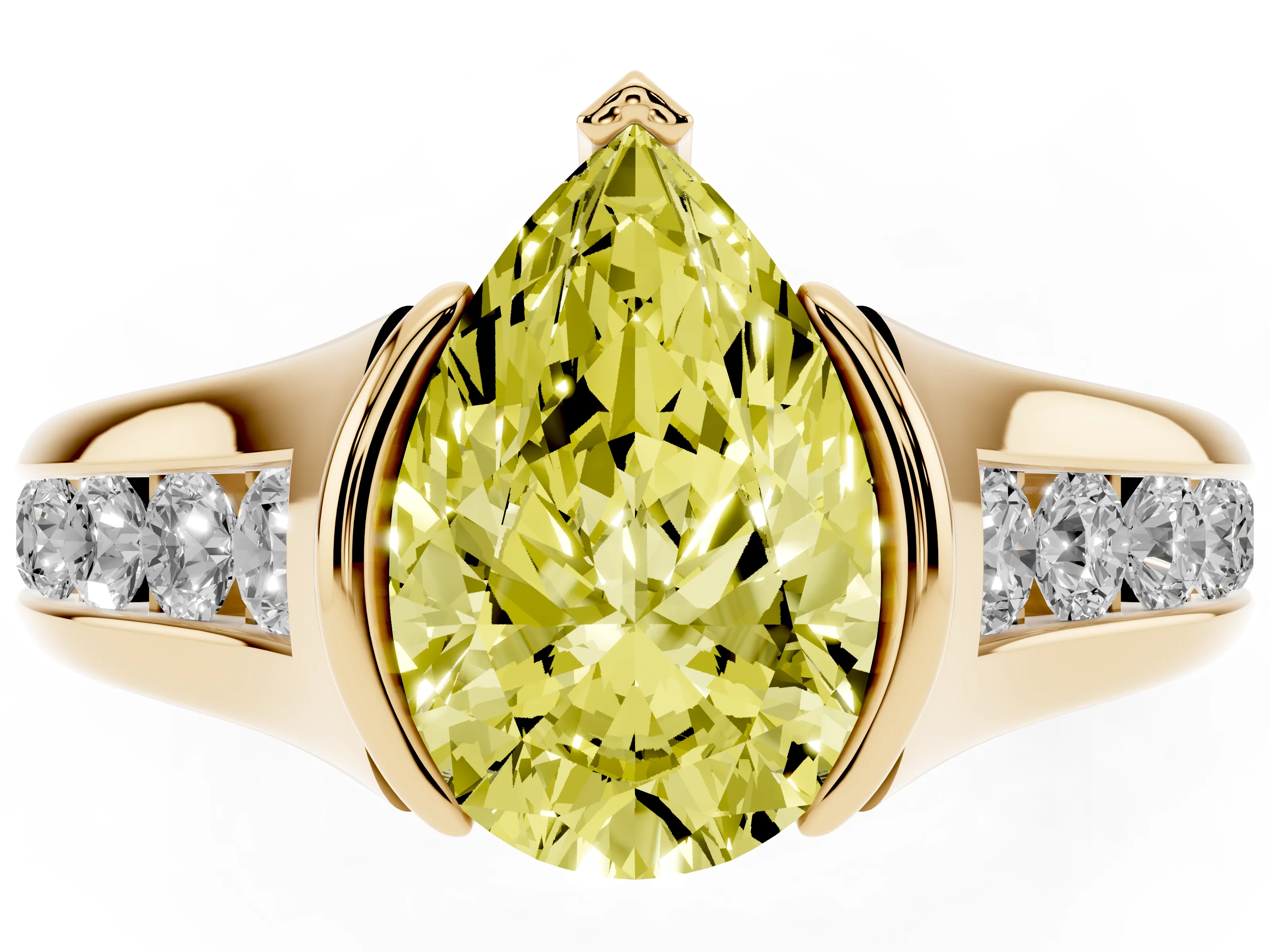 Fancy Yellow Pear Cut Diamond Bezel-Set Solitaire Ring Set in Yellow gold with Channel-Set Band