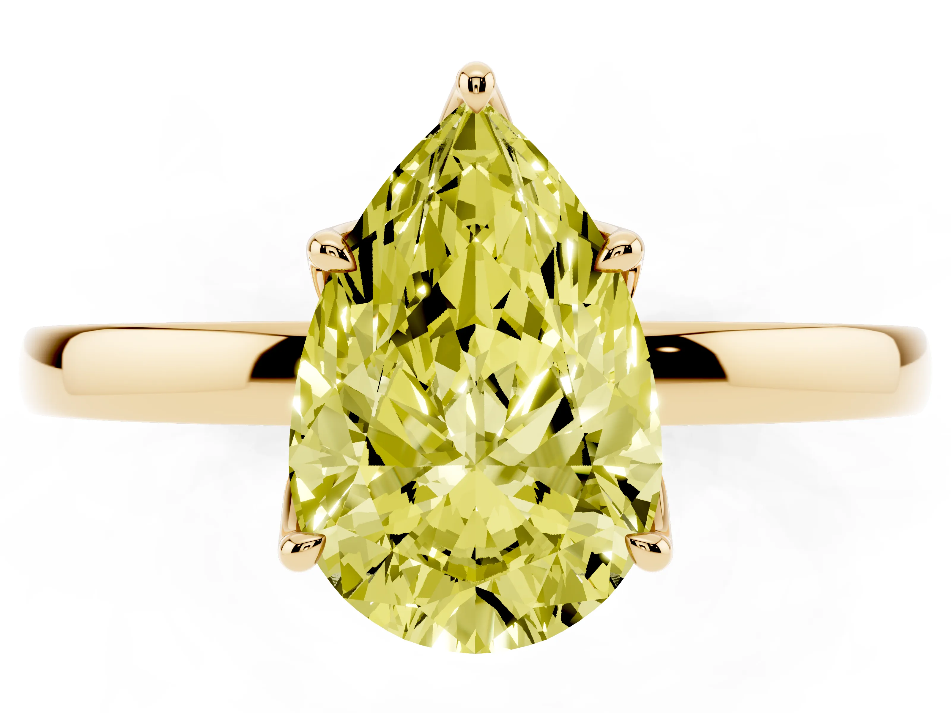 Fancy Yellow Pear Cut Diamond Solitaire Ring Set in Yellow gold with Prong Setting and Thin Polished Band