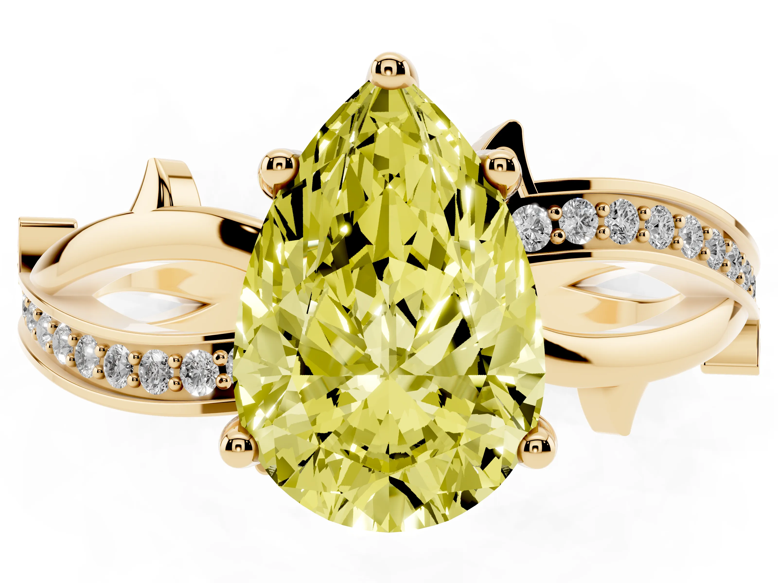 Fancy Yellow Pear Cut Diamond Pavé Twist Band Solitaire Ring Set in Yellow gold with Prong Setting