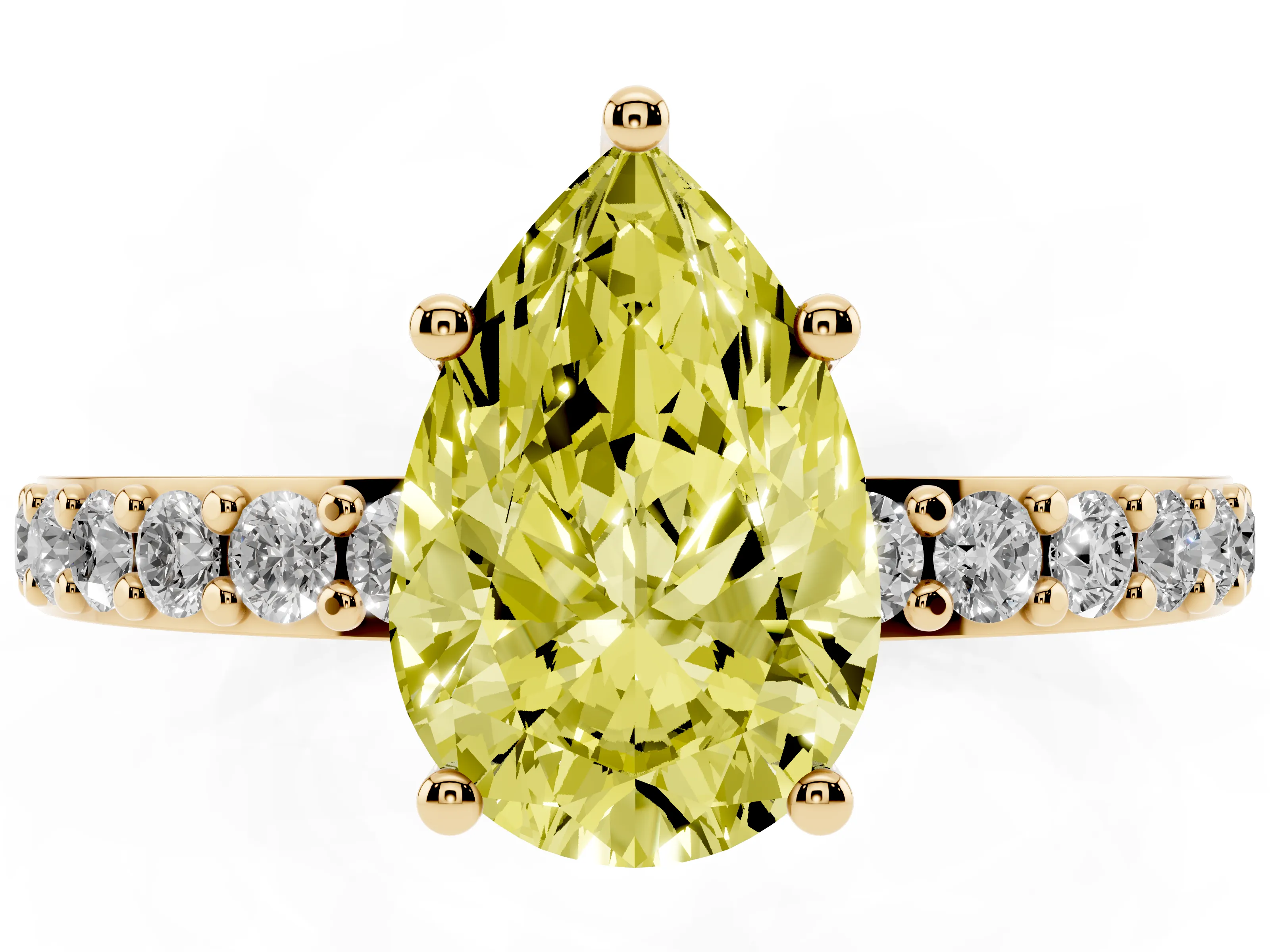 Fancy Yellow Pear Cut Diamond Solitaire Set in Yellow gold with Round Pavé Band and Prong Setting
