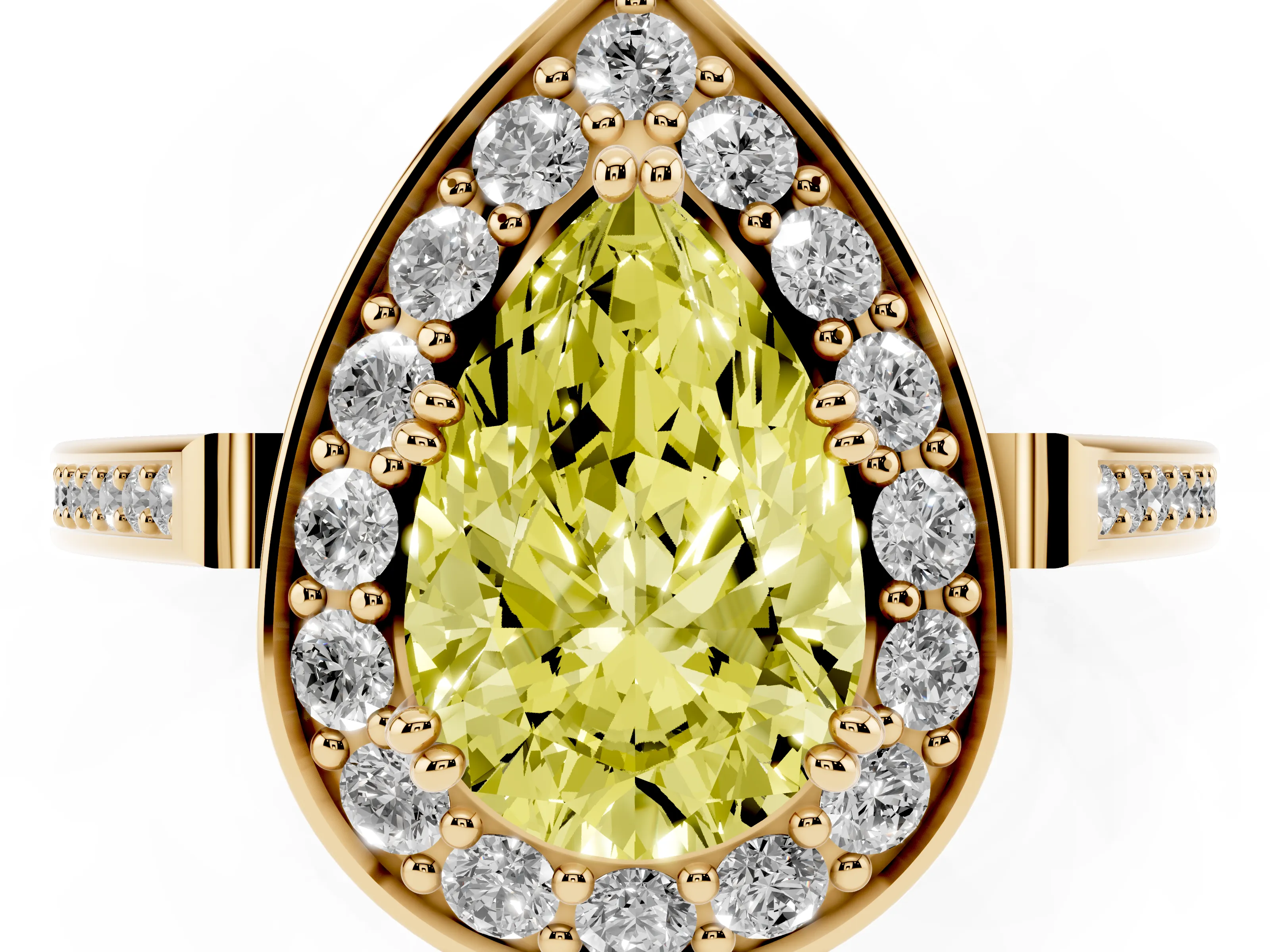 Fancy Yellow Pear Cut Diamond Halo Ring Set in Yellow gold with Accent-Lined Split Shank and Prong Setting